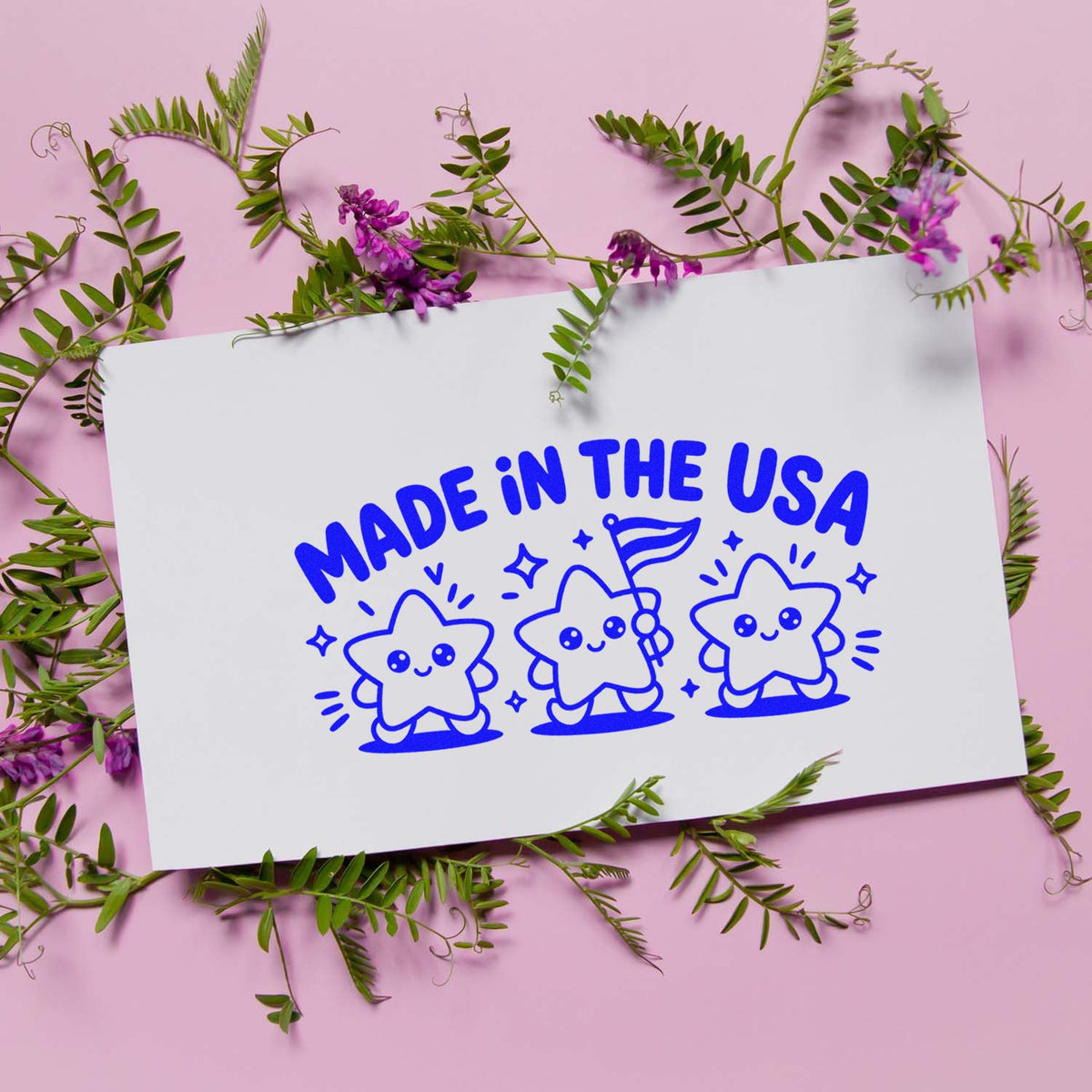 Cute Made in USA rubber stamp impression for handmade packaging, small business branding, and patriotic craft projects.