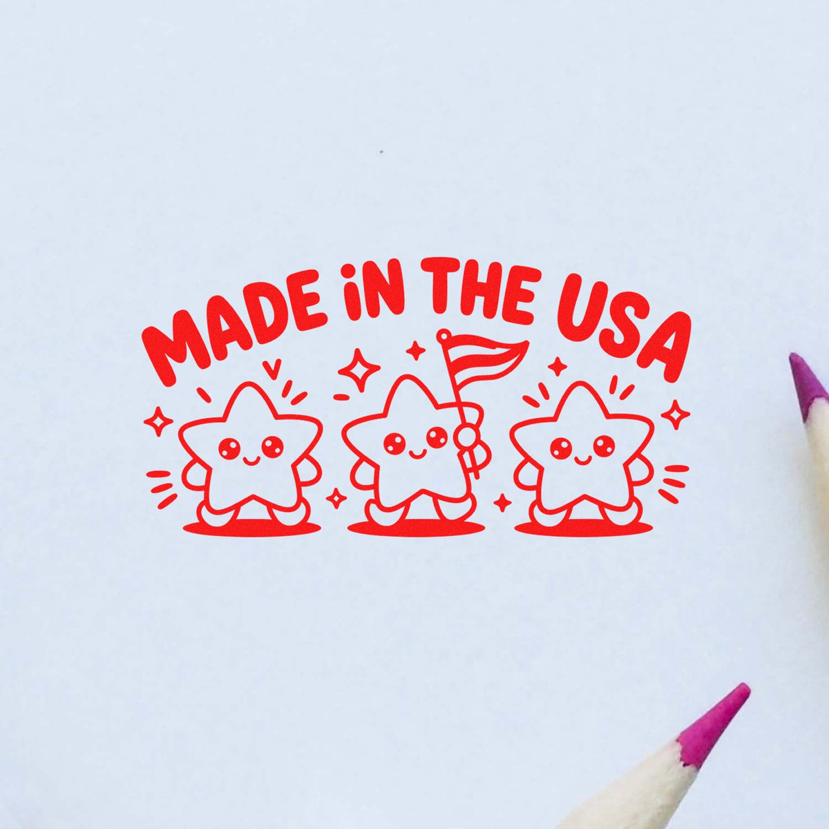 Made in the USA rubber stamp design with cute star characters, ideal for patriotic packaging, crafts, and branding.