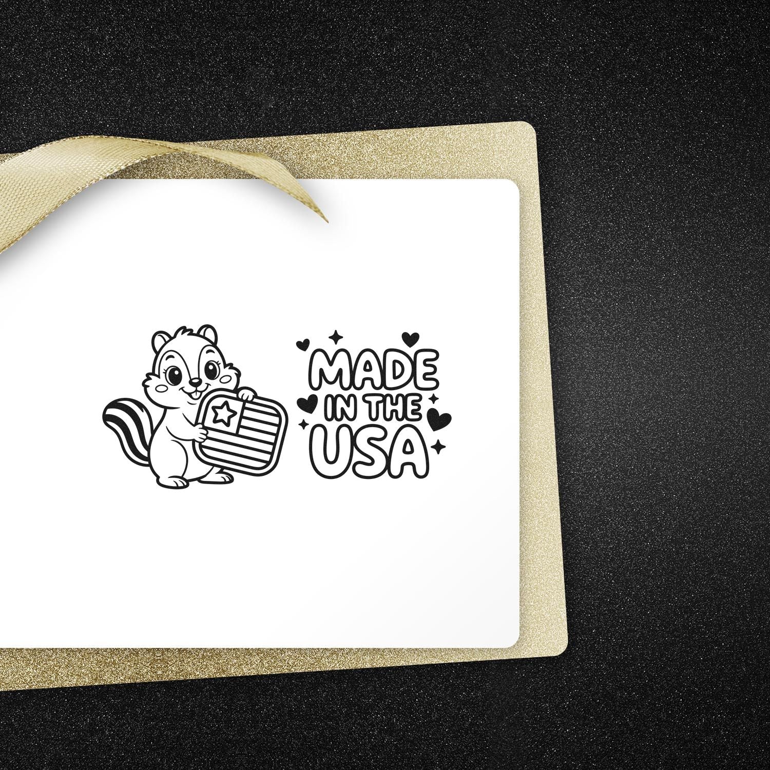 Made in the USA rubber stamp design featuring a patriotic squirrel holding an American flag for crafts.