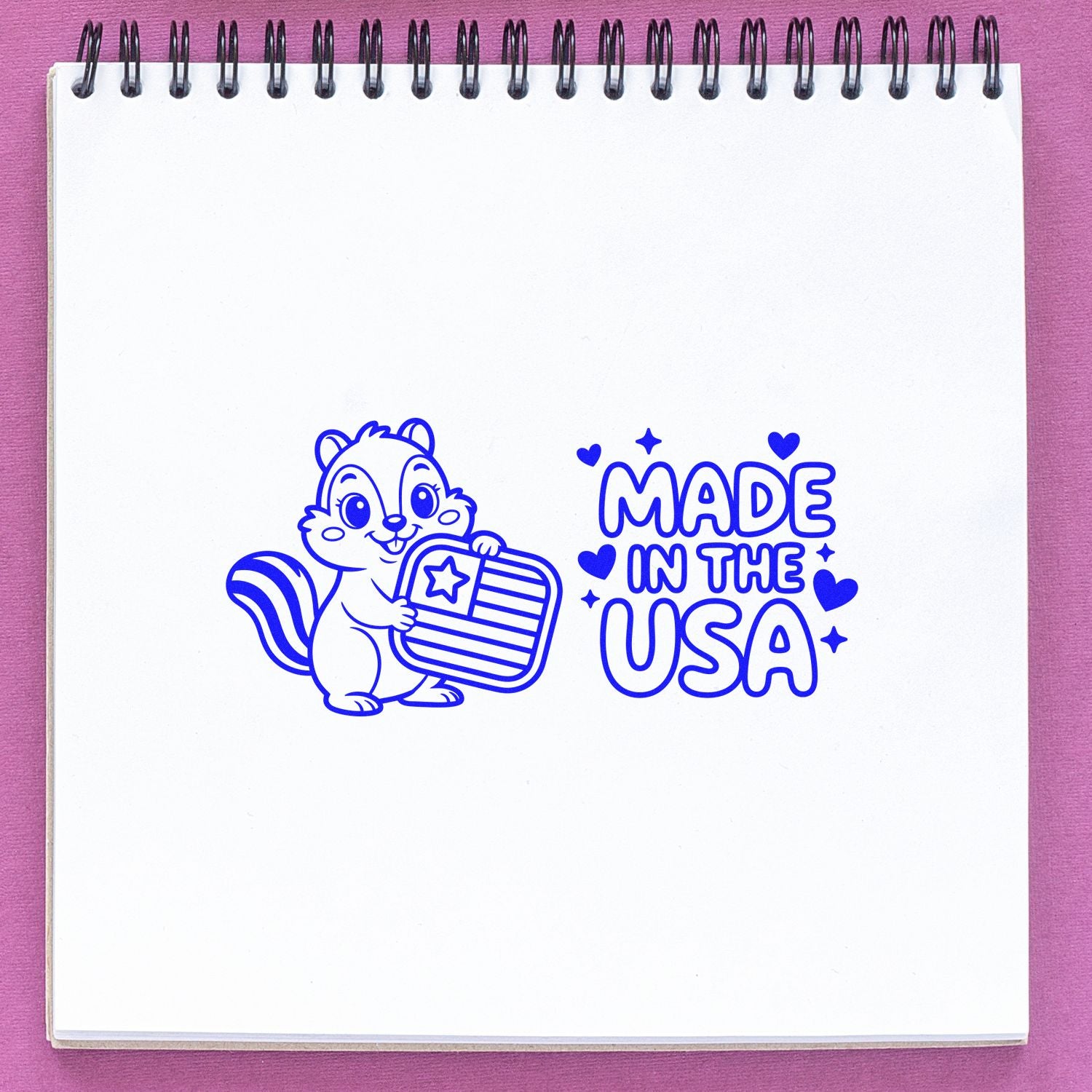 Made in the USA rubber stamp design with cute chipmunk holding an American flag, ideal for patriotic crafts and packaging.
