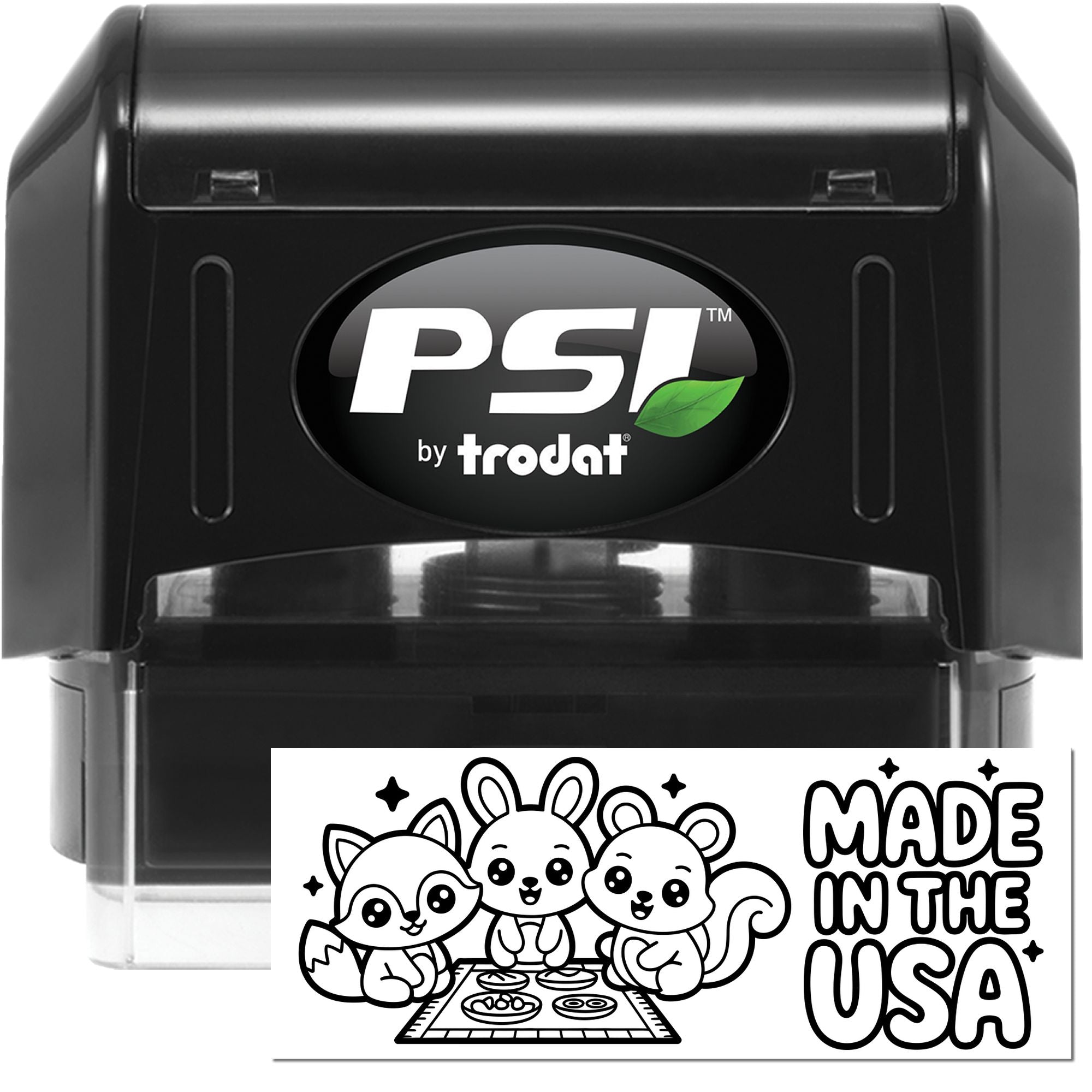 PSI by Trodat self-inking rubber stamp with custom Made in the USA design