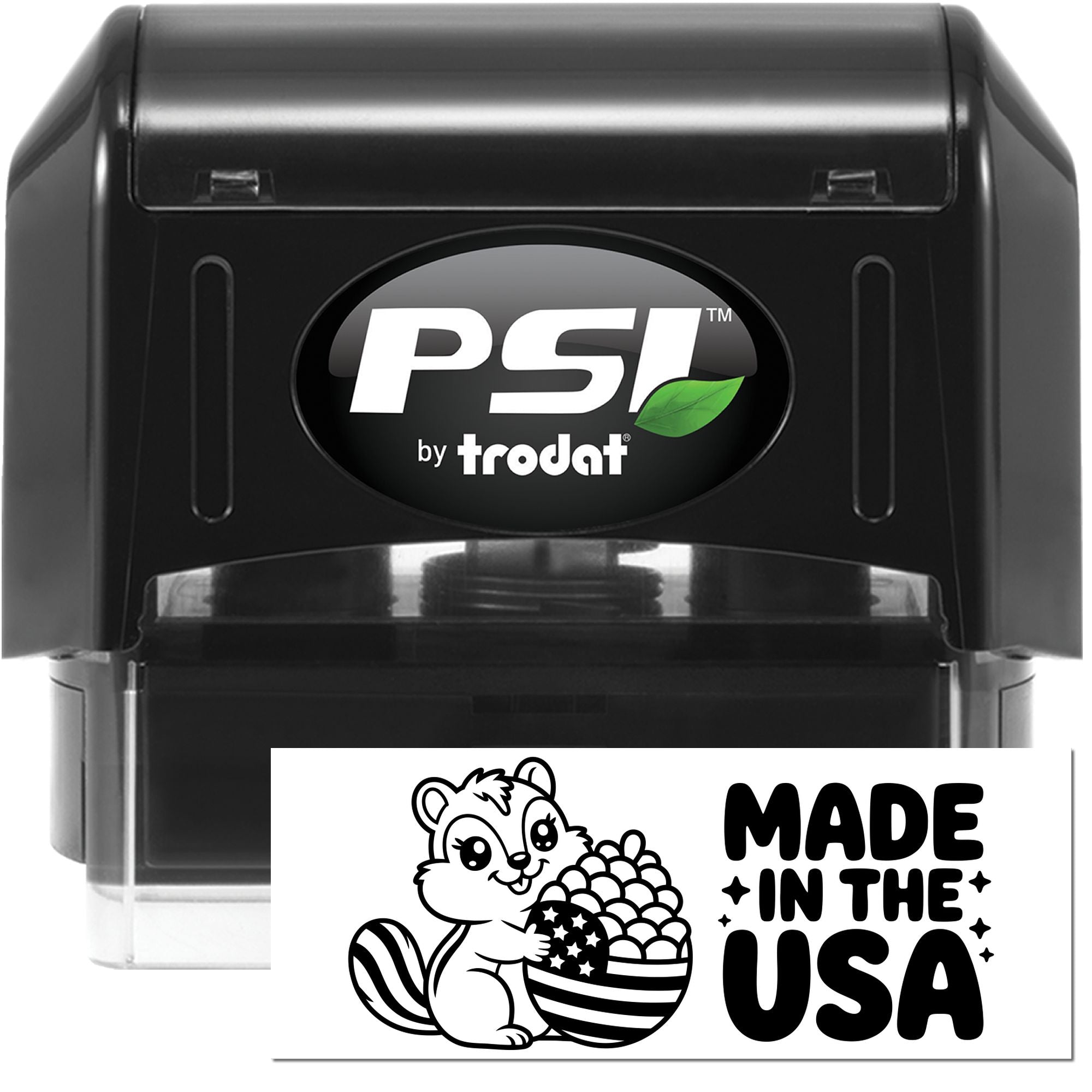 PSI by Trodat self-inking rubber stamp with custom Made in the USA design for branding, packaging, and business use.