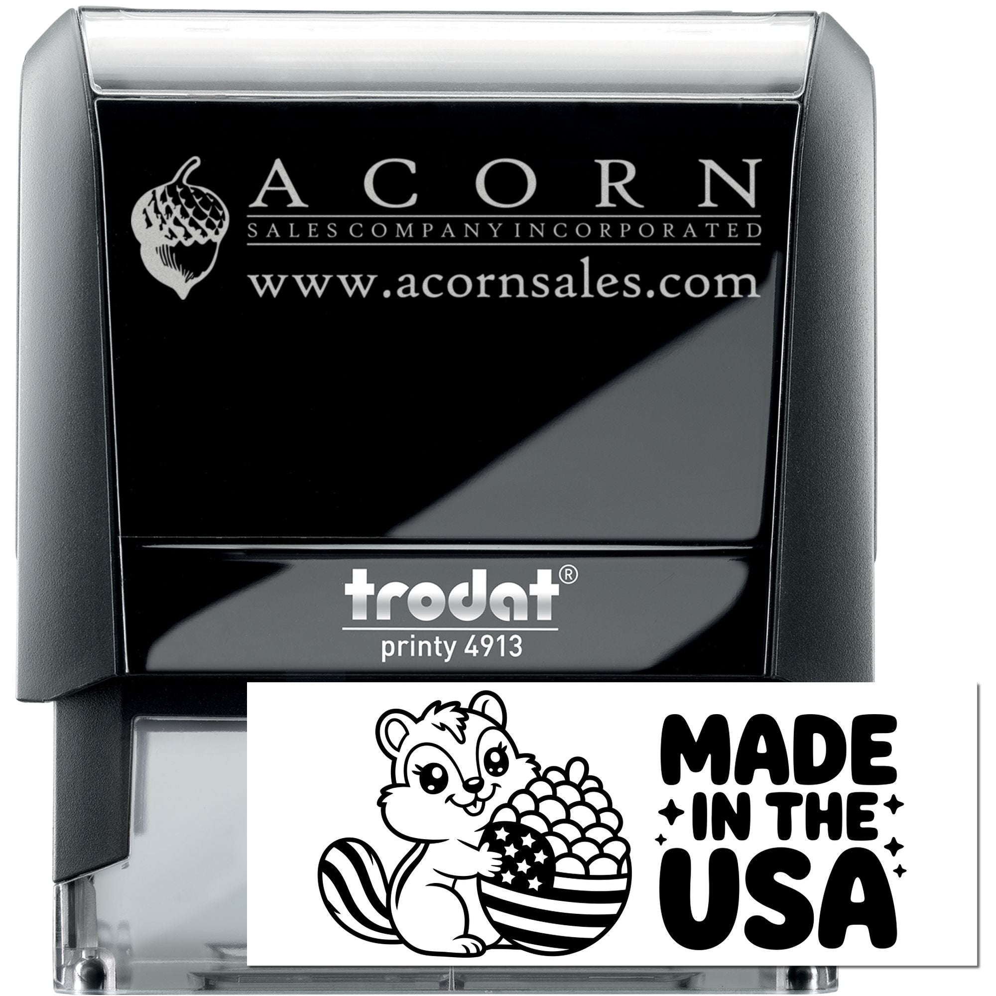 Trodat Printy 4913 self-inking rubber stamp with custom Acorn Sales logo and Made in the USA design.