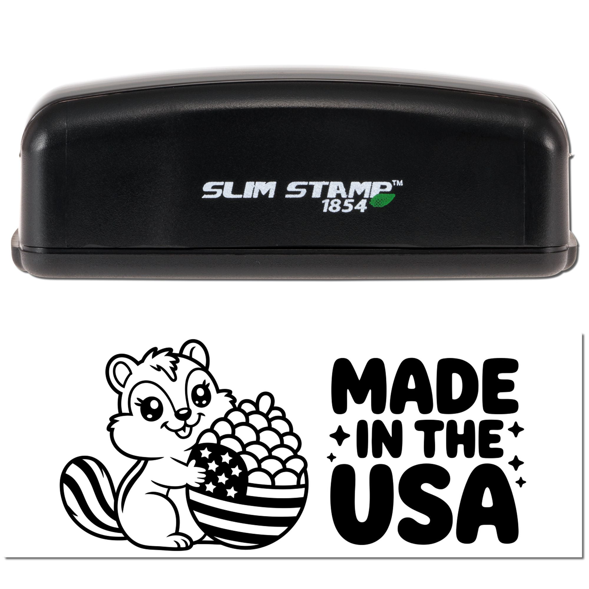Slim Stamp 1854 custom rubber stamp with cute squirrel and Made in the USA design for patriotic craft stamping.