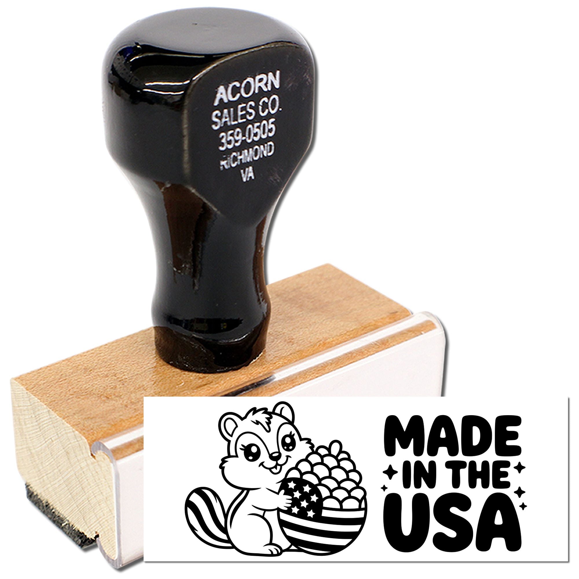 Mounted rubber stamp with Acorn Sales Co. branding and Made in the USA squirrel design.