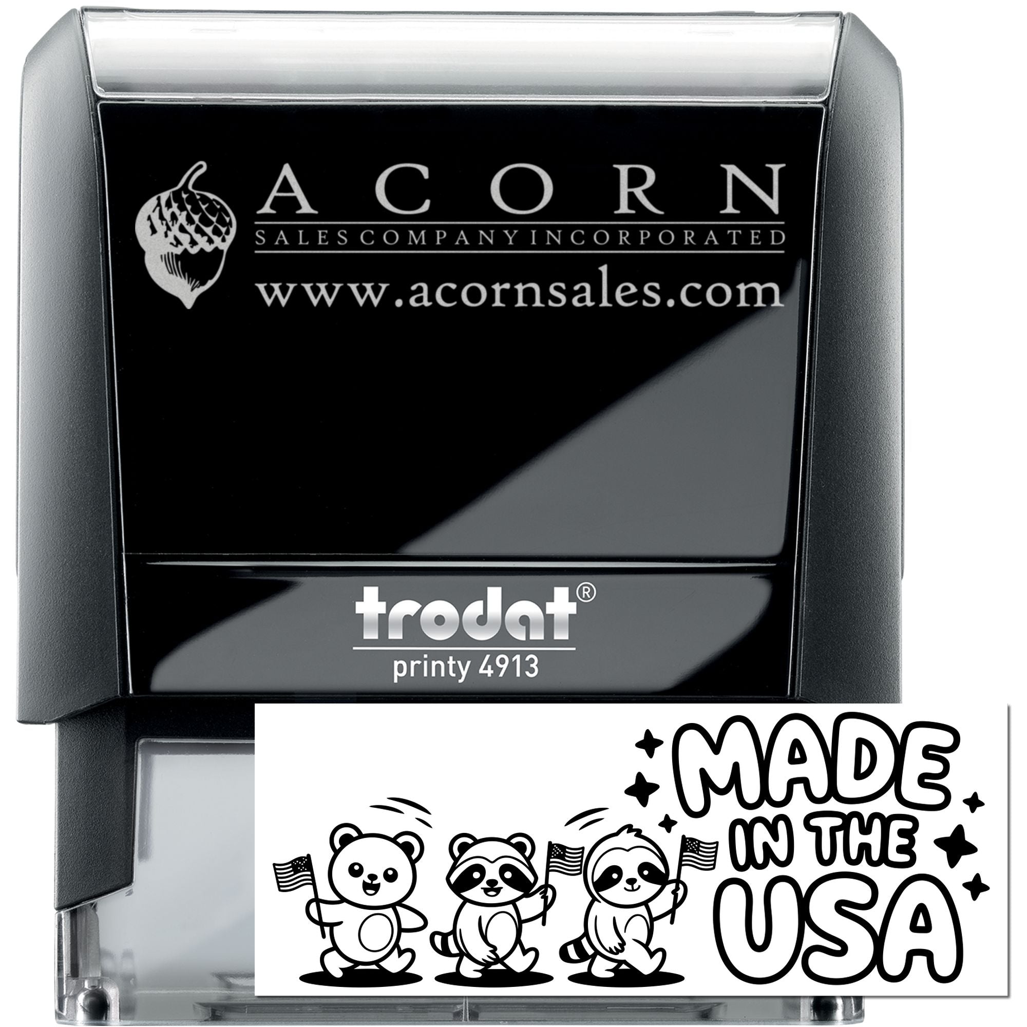 Custom self-inking rubber stamp for Acorn Sales Company, featuring logo and website on Trodat Printy 4913.