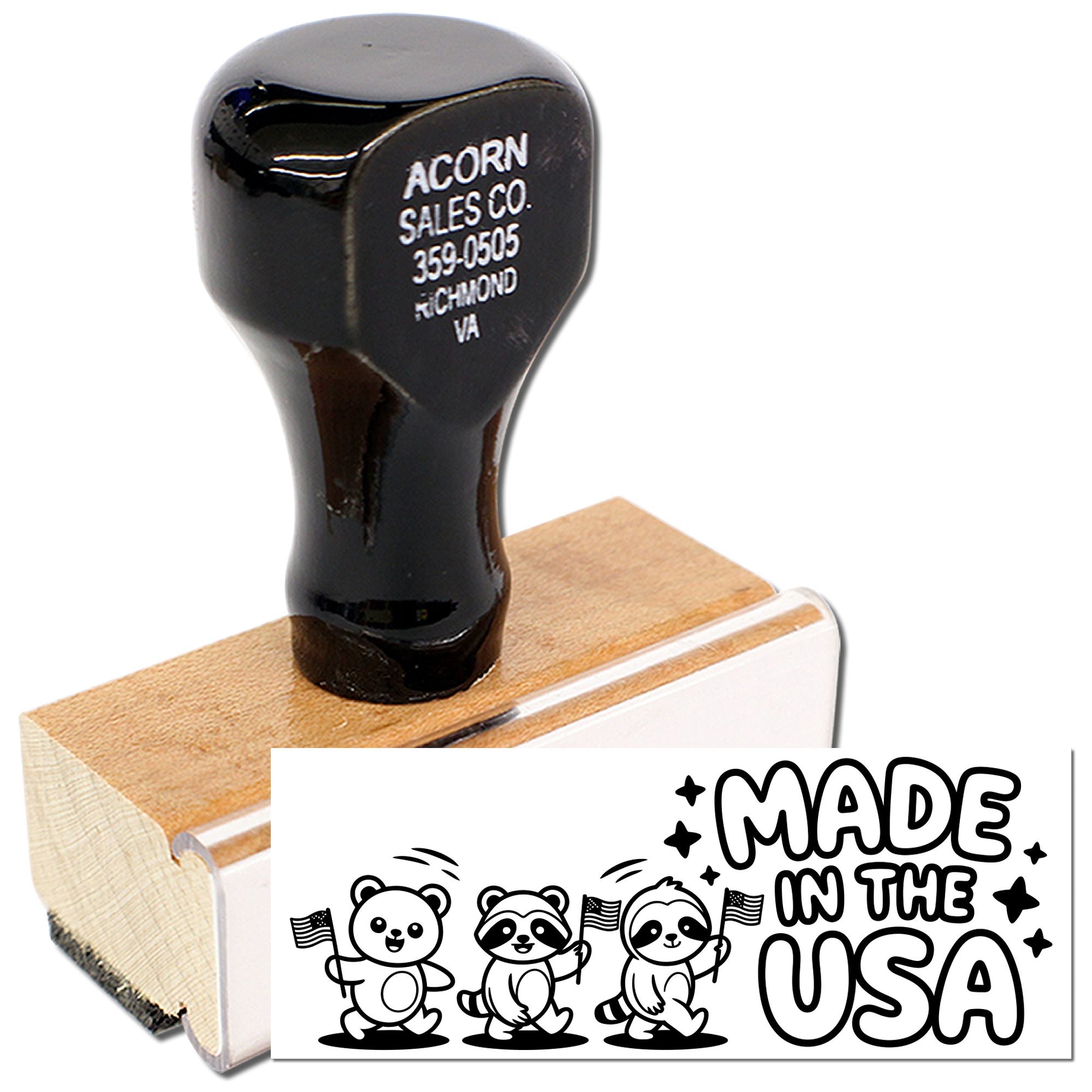 Custom rubber stamp with Made in the USA design, ideal for business branding, packaging, and patriotic products.