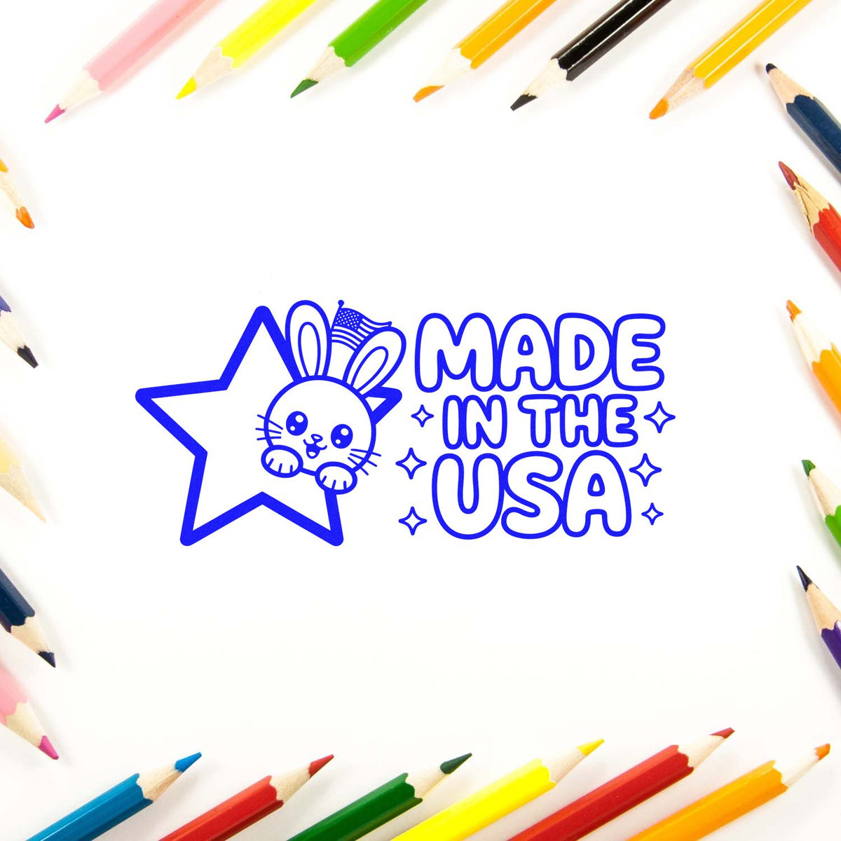 Made in the USA rubber stamp design with bunny in a star, ideal for patriotic craft projects, branding, and custom stamping.