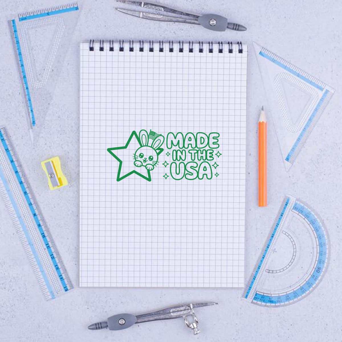 Custom Made in USA rubber stamp design with bunny star motif for stationery, crafts, and product branding.