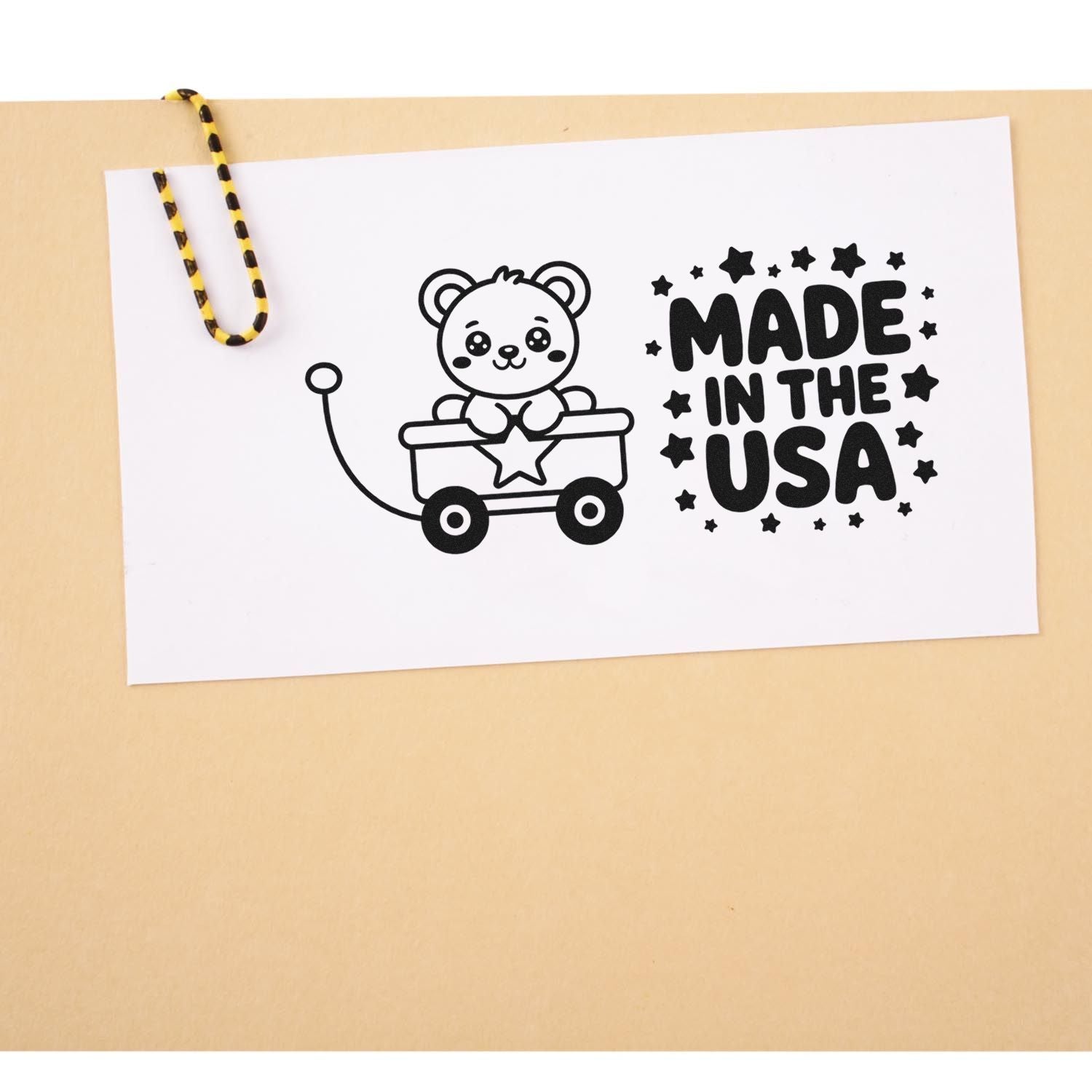 Made in USA bear wagon rubber stamp design with stars, ideal for handmade packaging, crafts, and patriotic labeling.
