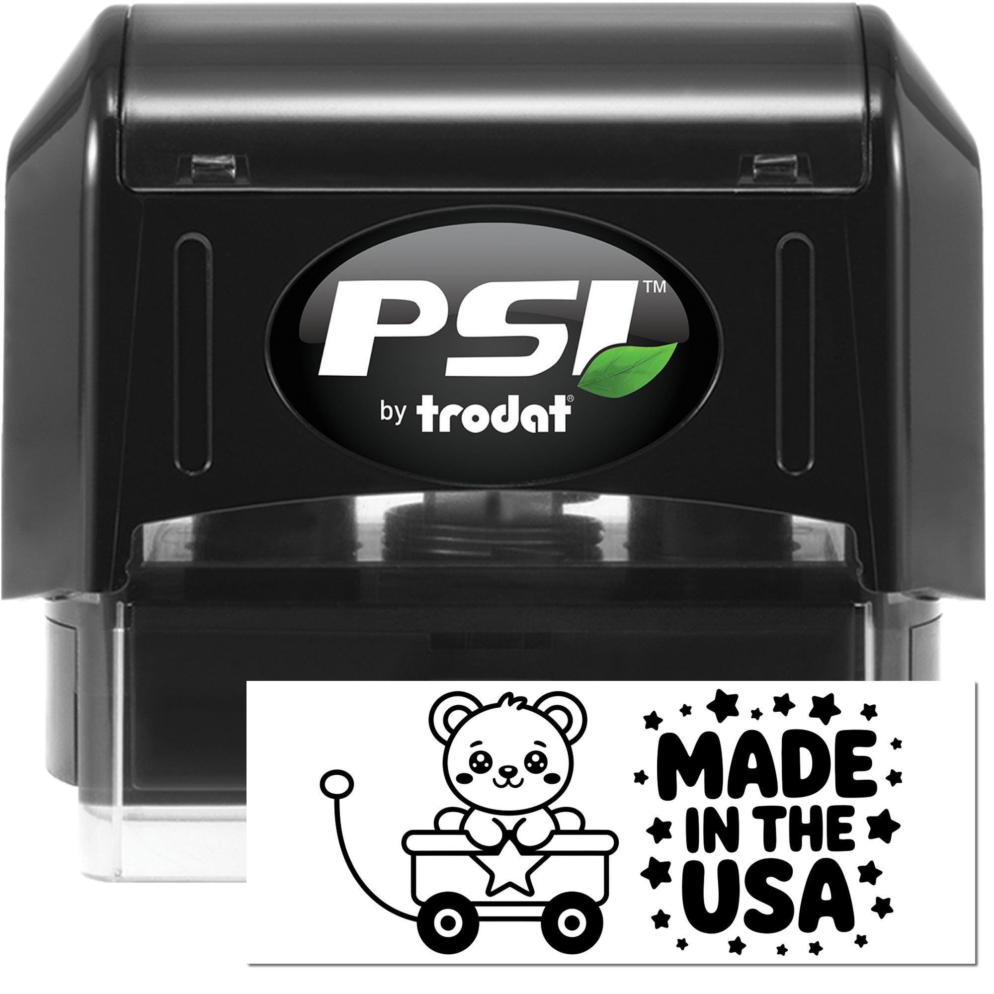 PSI by Trodat self-inking rubber stamp with custom Made in the USA bear wagon design