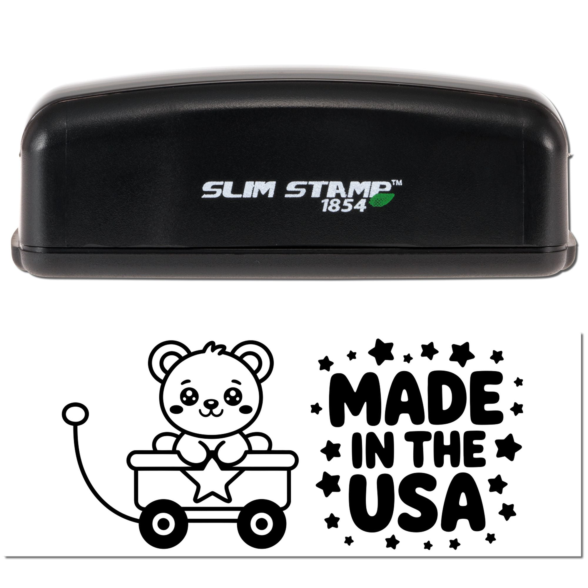 Custom Slim Stamp rubber stamp with bear wagon design and Made in the USA text for packaging or craft branding.