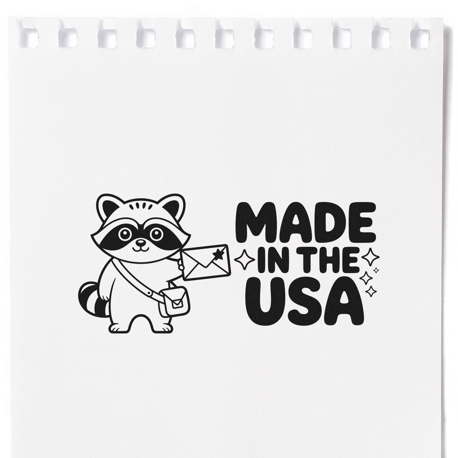 Made in the USA raccoon mail carrier rubber stamp for packaging, crafts, and small business branding.