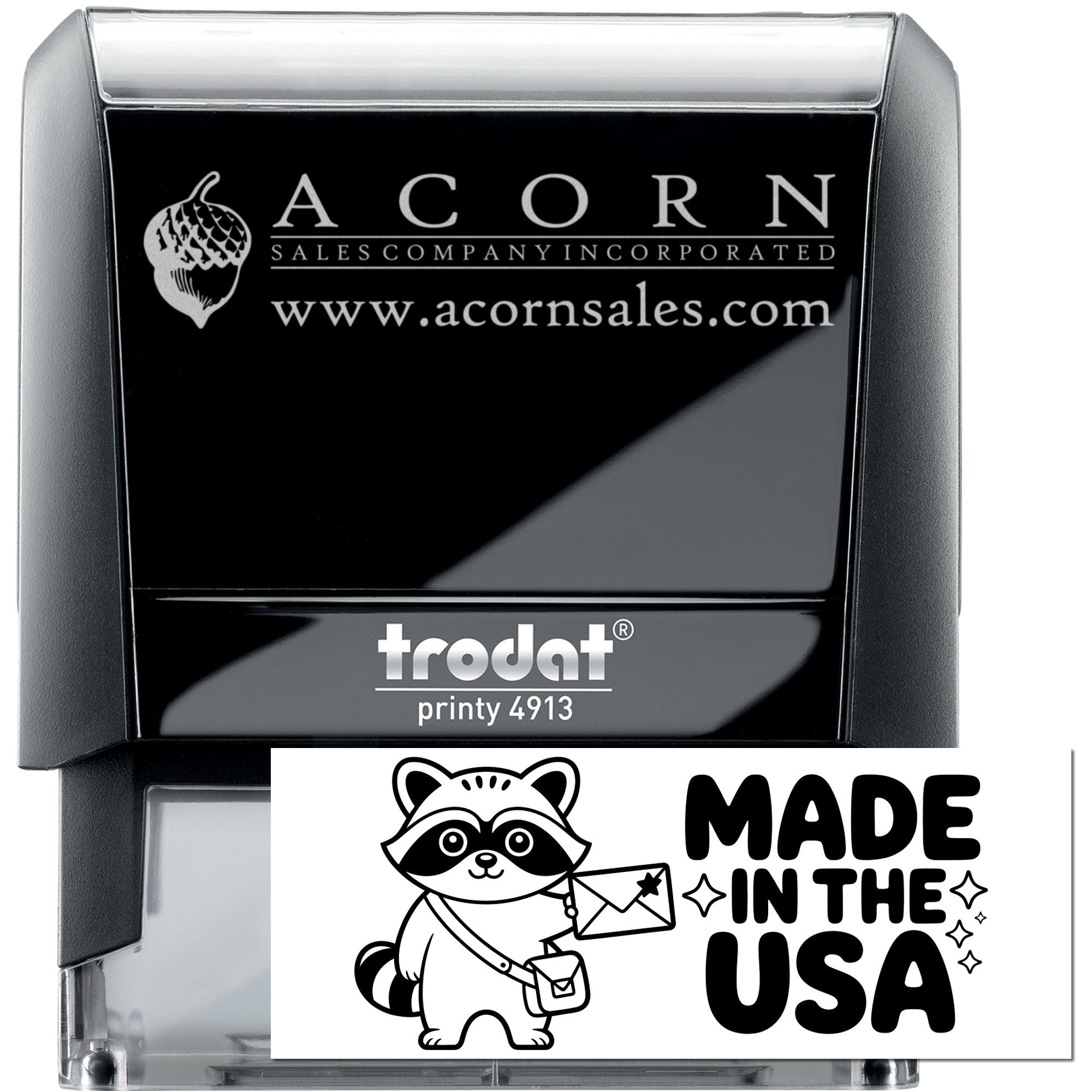 Custom Trodat Printy 4913 self-inking rubber stamp with Acorn Sales logo and Made in the USA raccoon design