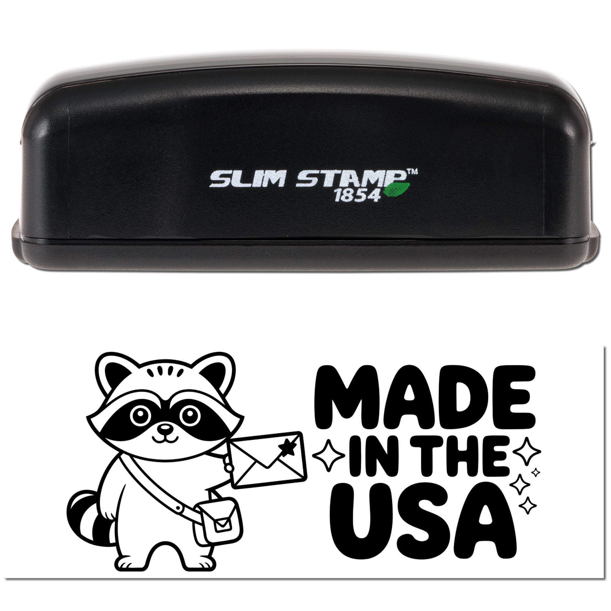 Slim Stamp 1854 self-inking rubber stamp featuring raccoon mail design and Made in the USA artwork