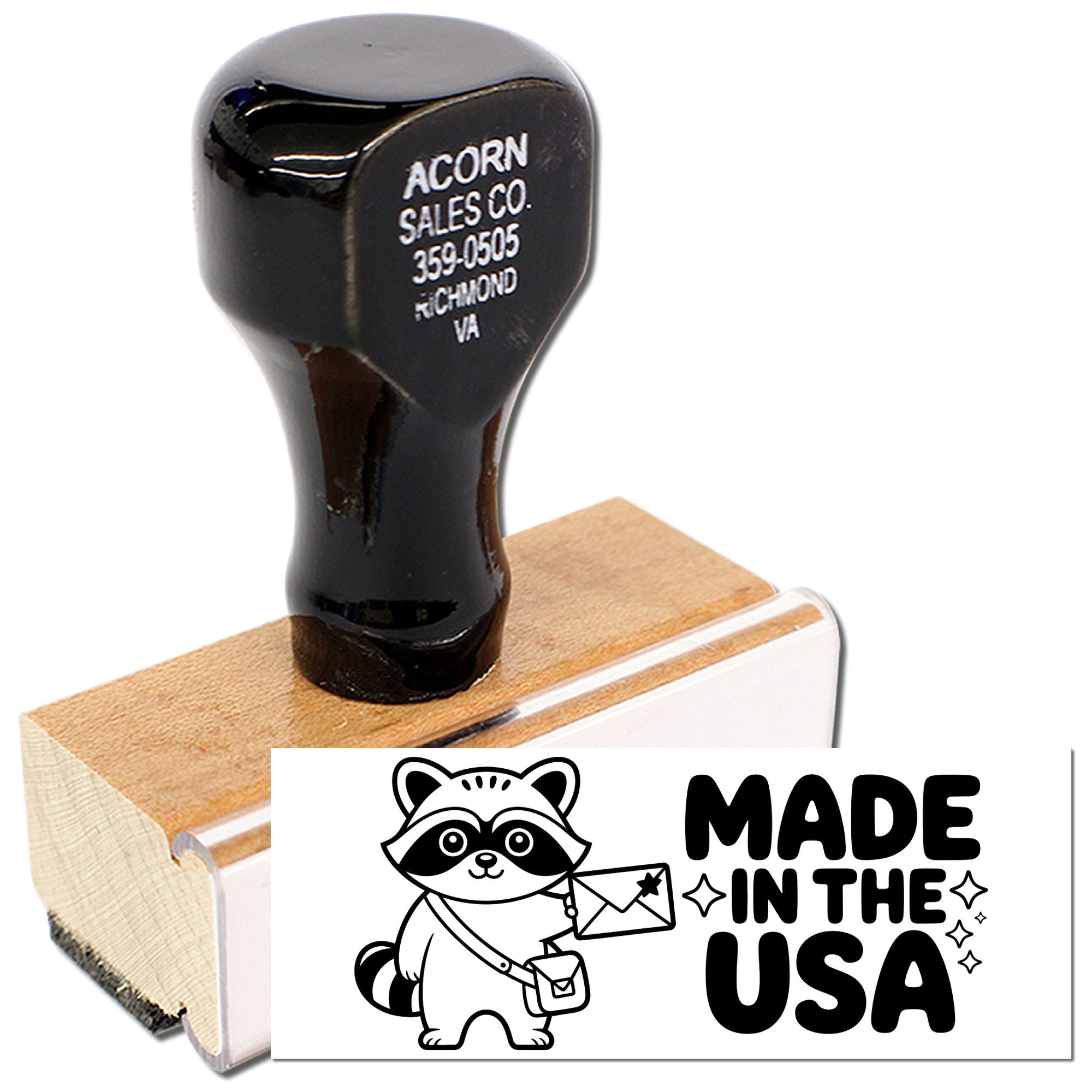 Custom wood handle rubber stamp featuring a raccoon logo and Made in the USA text for business packaging and branding.