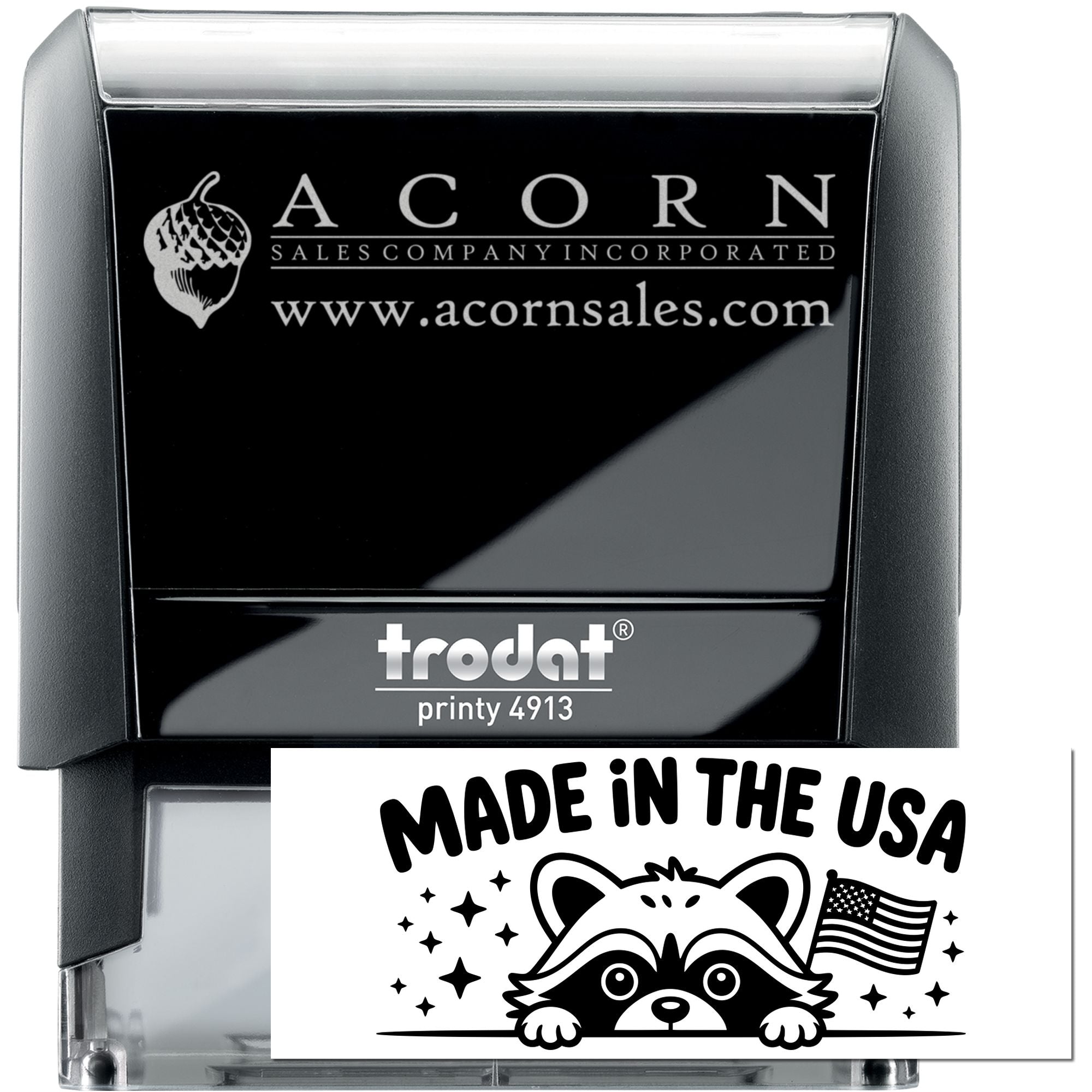 Trodat Printy 4913 self-inking rubber stamp with custom Acorn Sales Company logo and Made in the USA imprint sample.