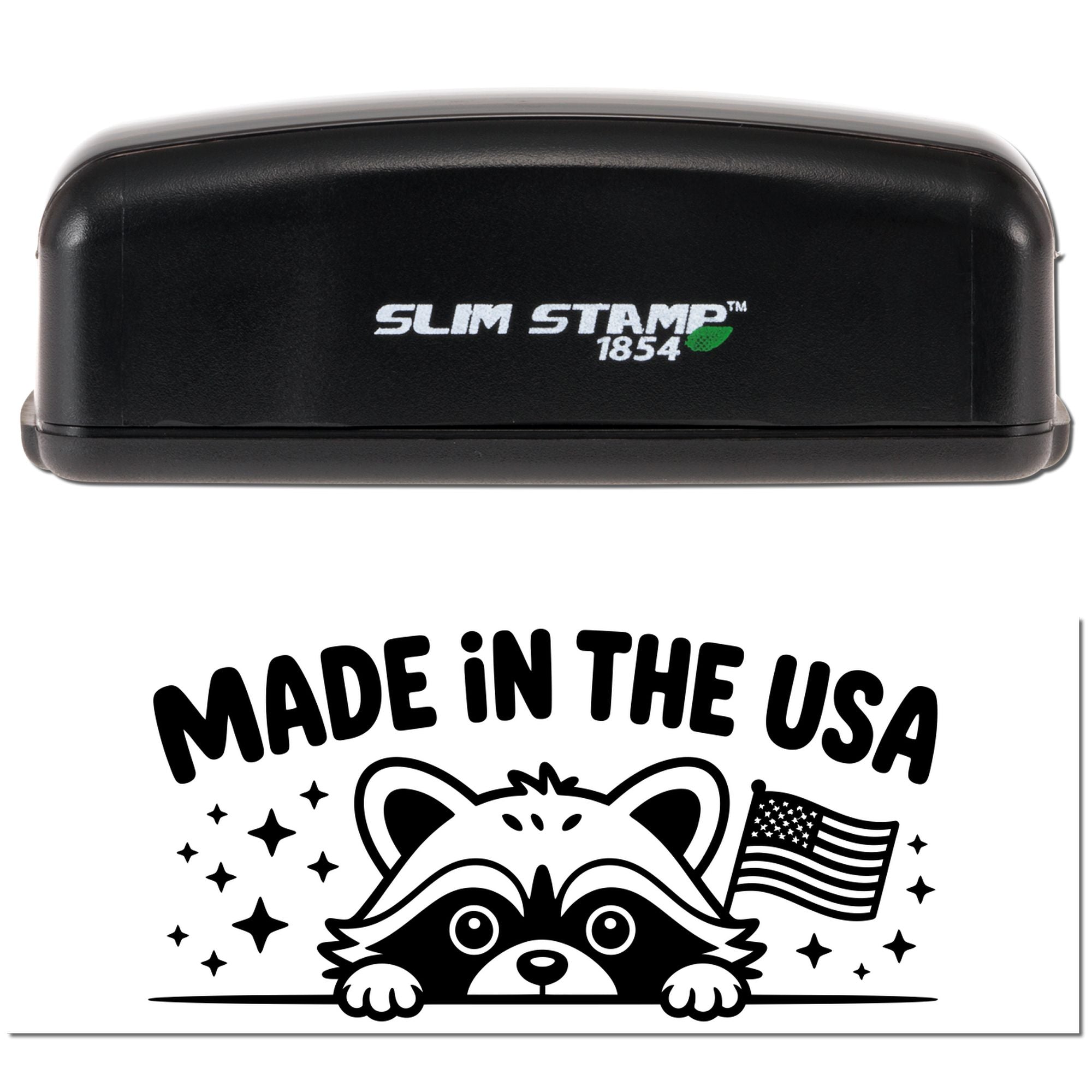 Slim Stamp 1854 self-inking rubber stamp with Made in the USA raccoon and patriotic flag impression