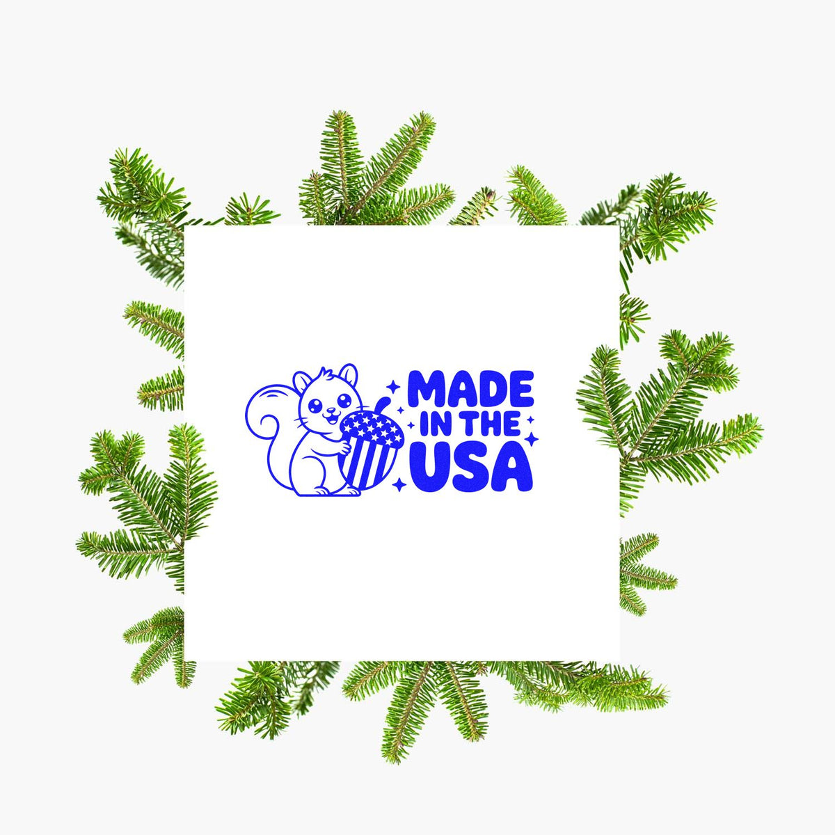 Made in the USA rubber stamp design with patriotic squirrel holding popcorn, ideal for handmade product branding.