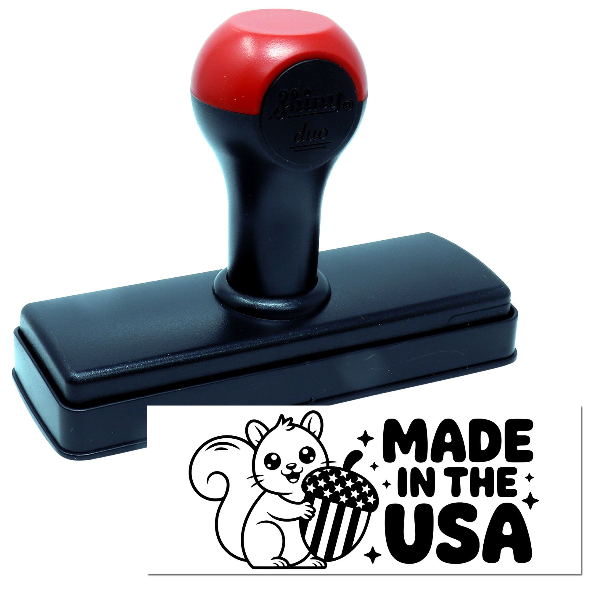 Self-inking rubber stamp with custom squirrel Made in the USA imprint for packaging, branding, and crafts.