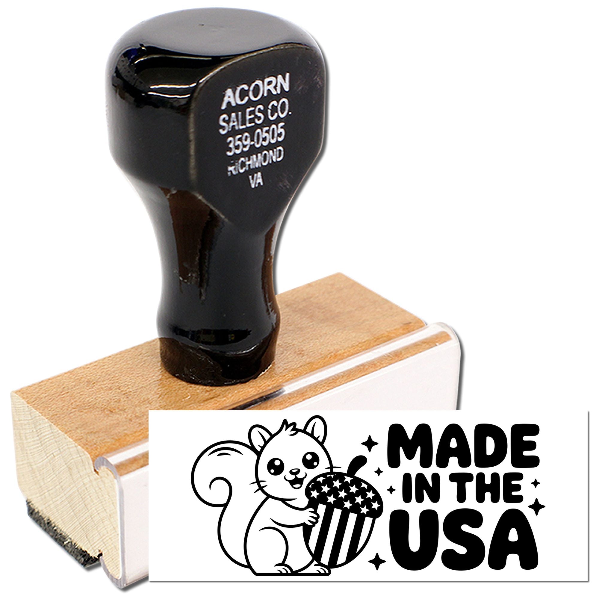 Custom rubber stamp with wood handle and Made in the USA squirrel logo for packaging, crafts, and business branding.