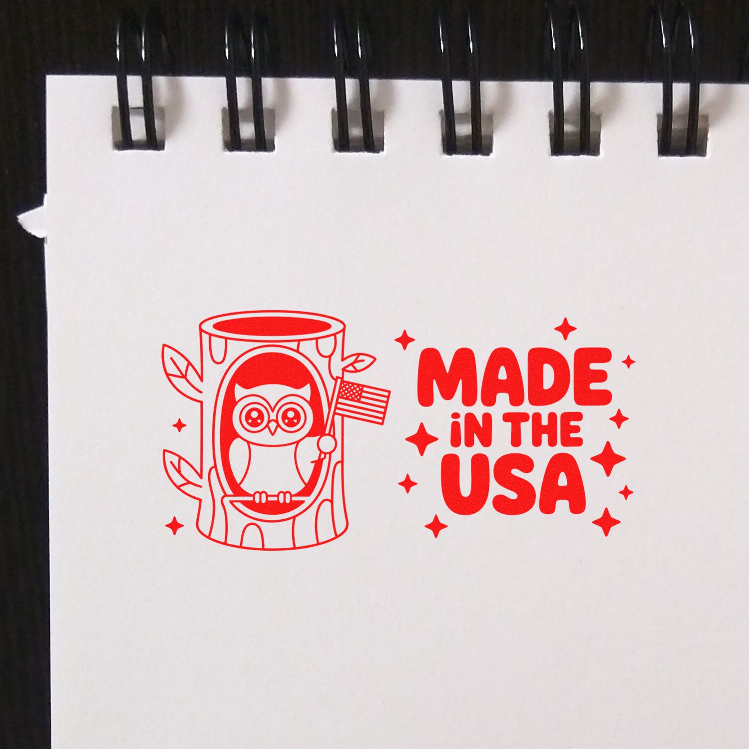 Made in the USA owl rubber stamp design with American flag, ideal for patriotic handmade crafts and packaging.