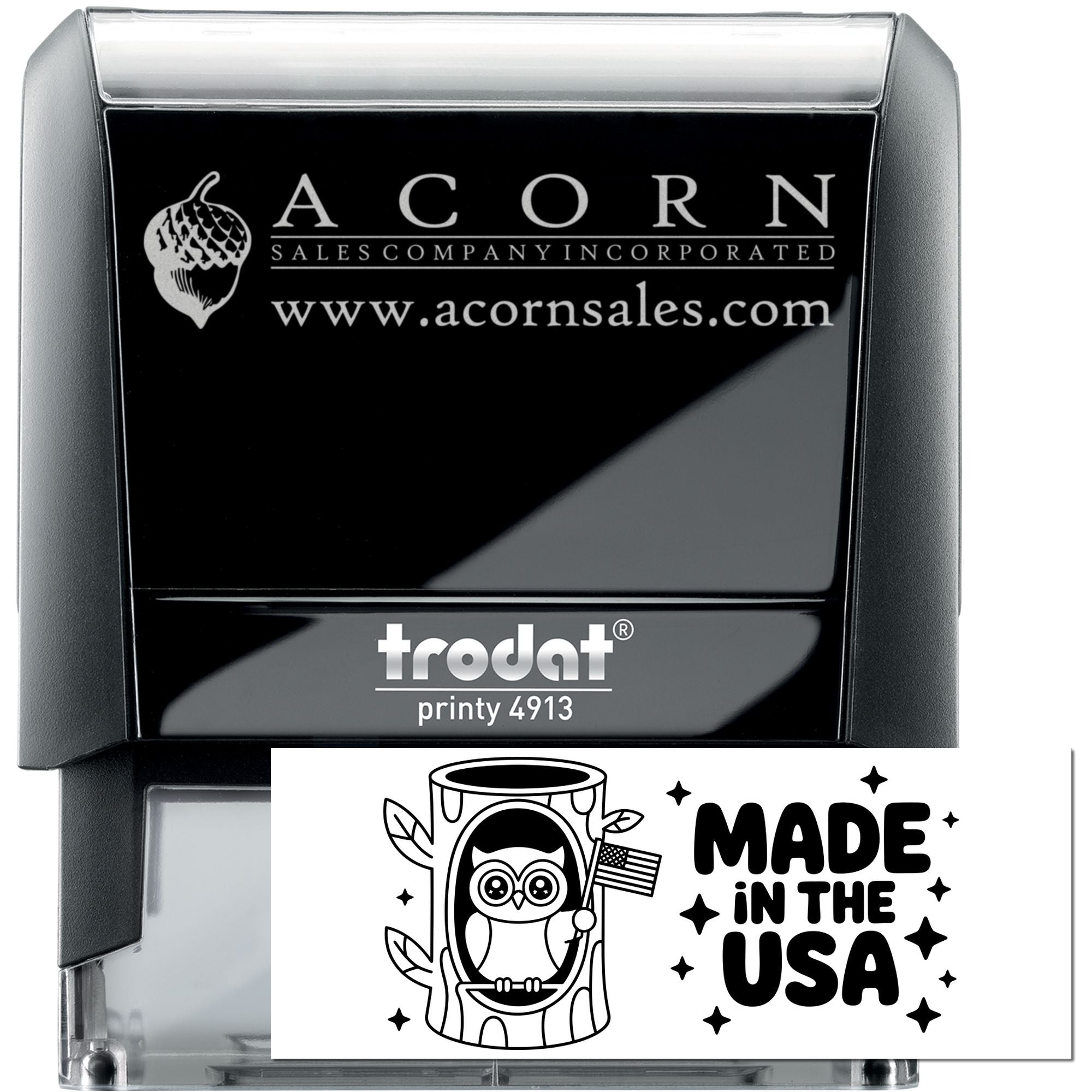 Custom Trodat self-inking rubber stamp with Acorn Sales logo, website, and Made in USA graphic for branding and packaging.
