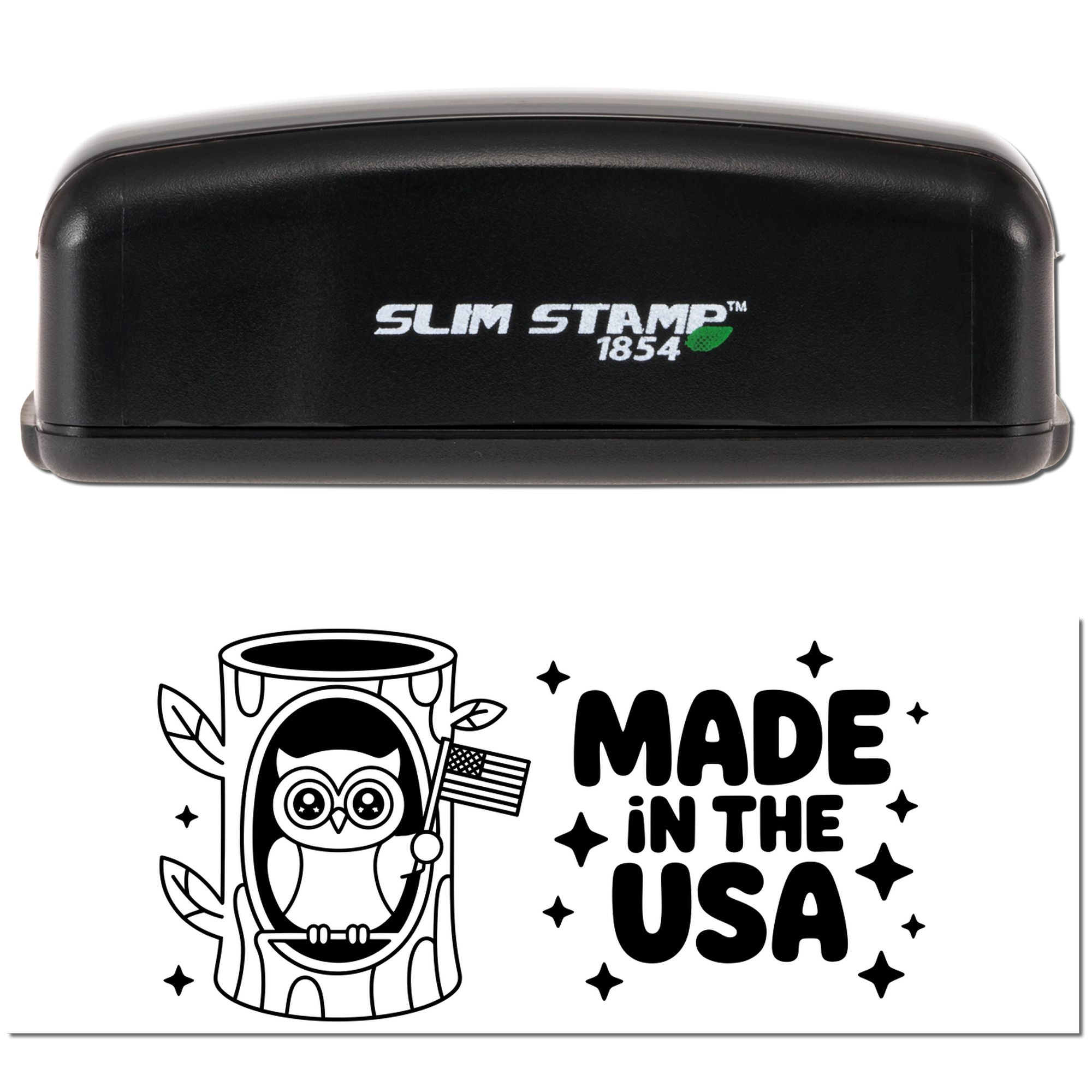 Slim Stamp 1854 custom rubber stamp with Made in the USA owl design and American flag icon.