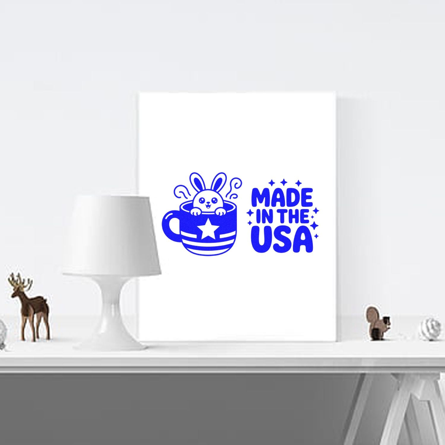 Made in the USA rubber stamp design with bunny in teacup, ideal for patriotic handmade crafts and custom branding