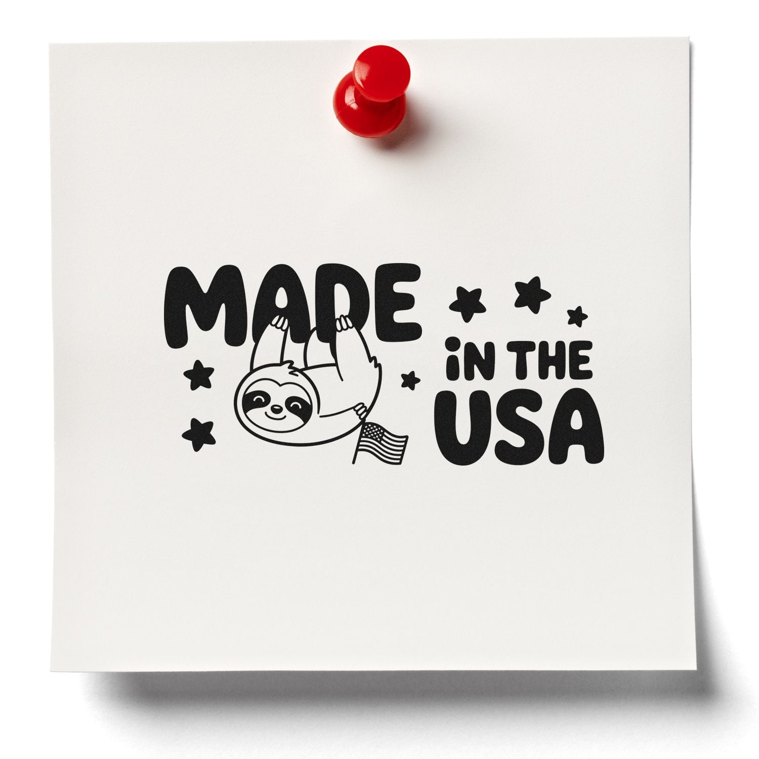 Made in the USA rubber stamp design with sloth illustration and American flag on pinned note.