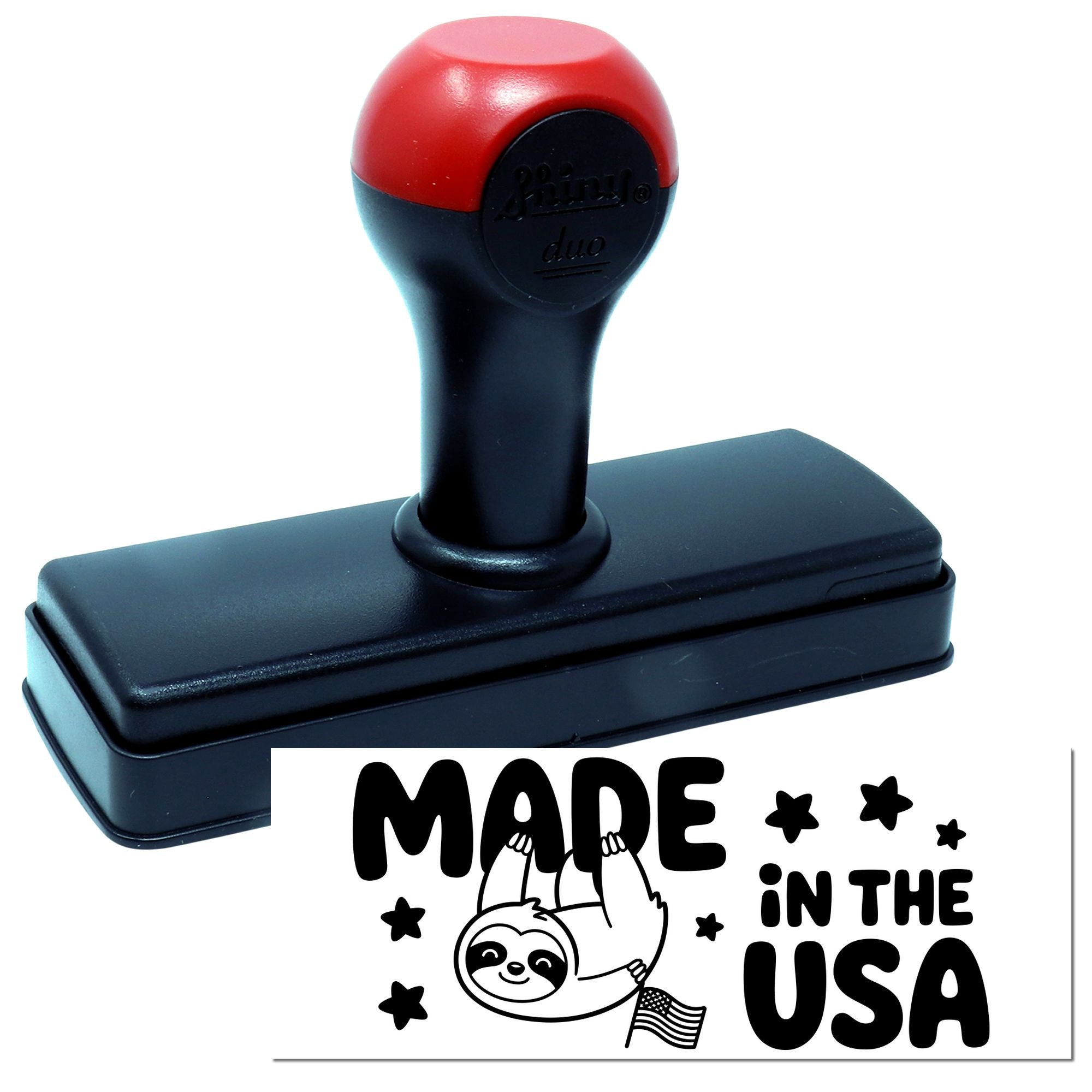 Self-inking rubber stamp with Made in the USA sloth design for custom business or craft stamping.