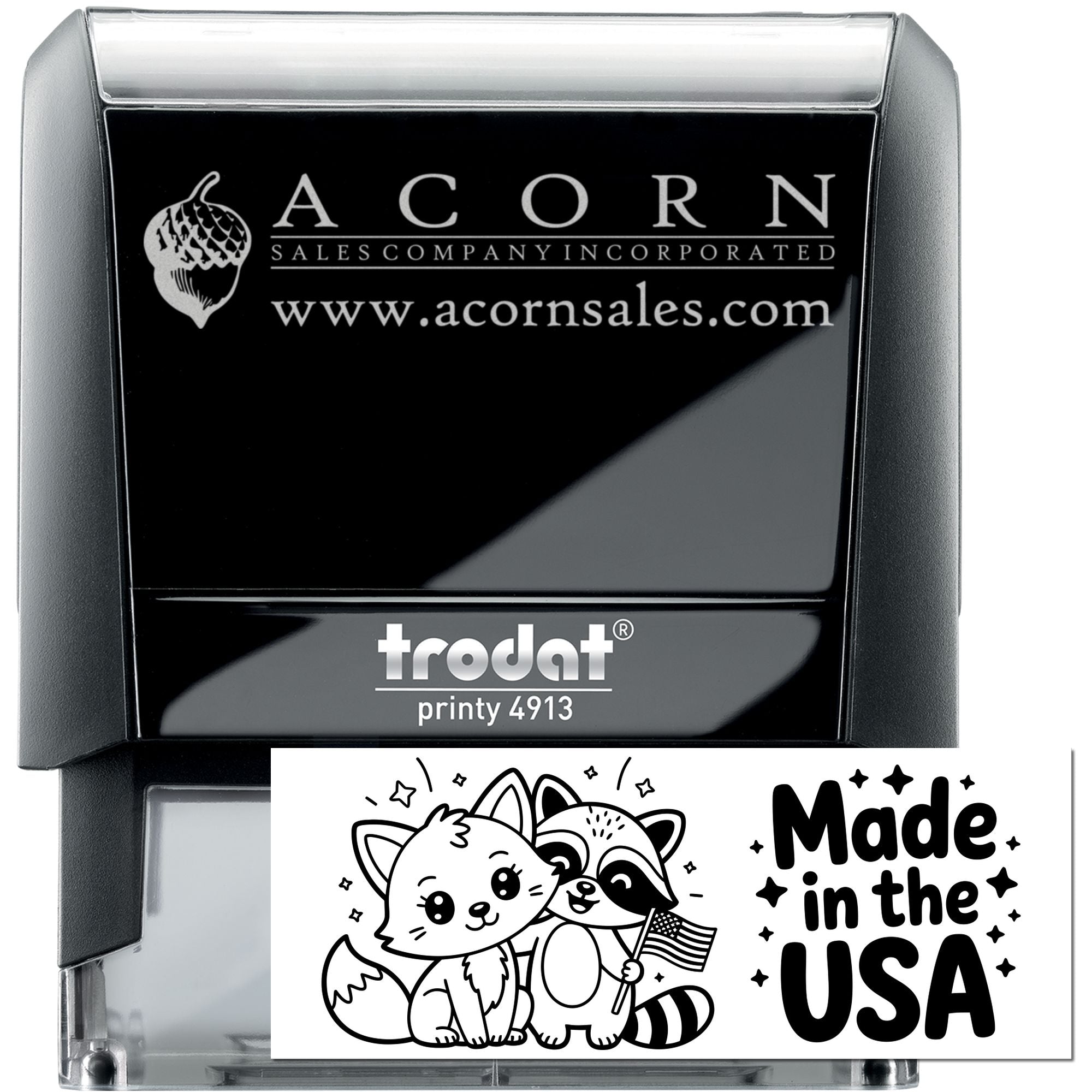 Custom self-inking rubber stamp with Acorn Sales logo, website, and Made in USA design, Trodat Printy 4913.