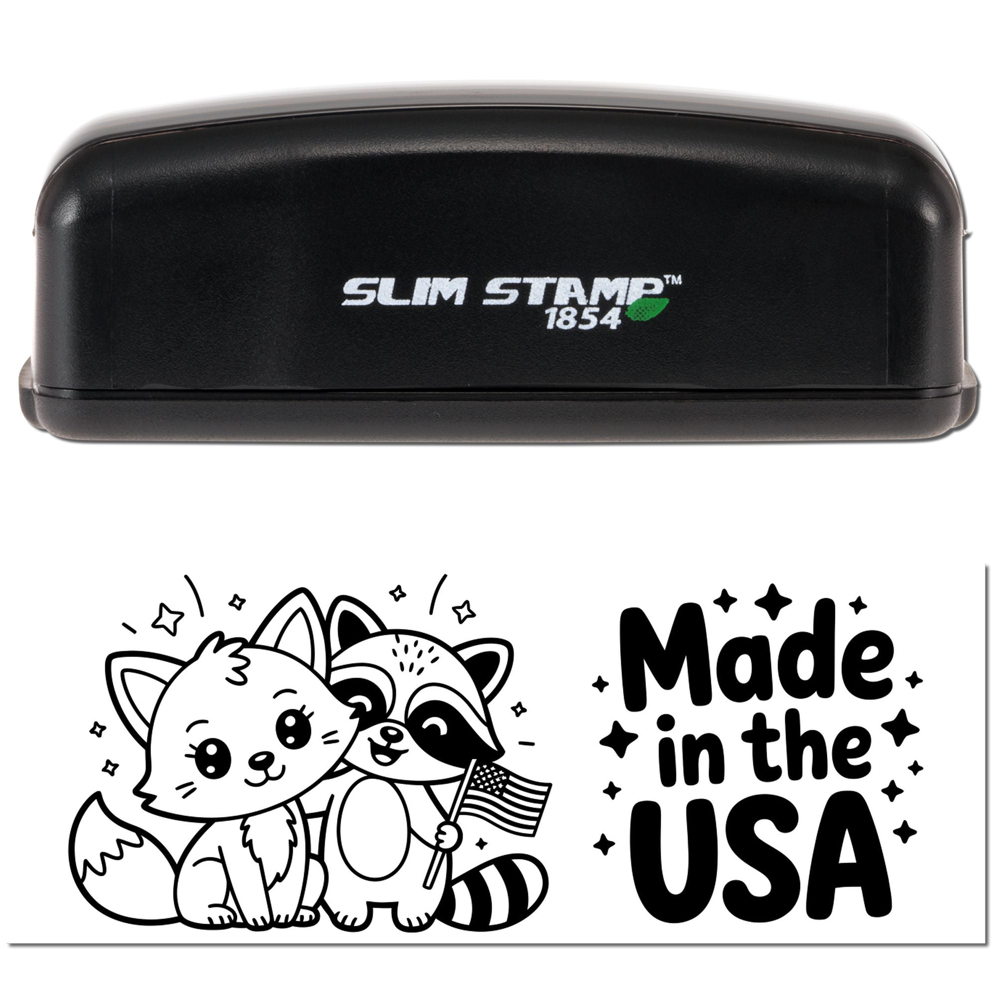 Slim Stamp 1854 rubber stamp with Made in the USA design featuring cute fox and raccoon patriotic animal illustration