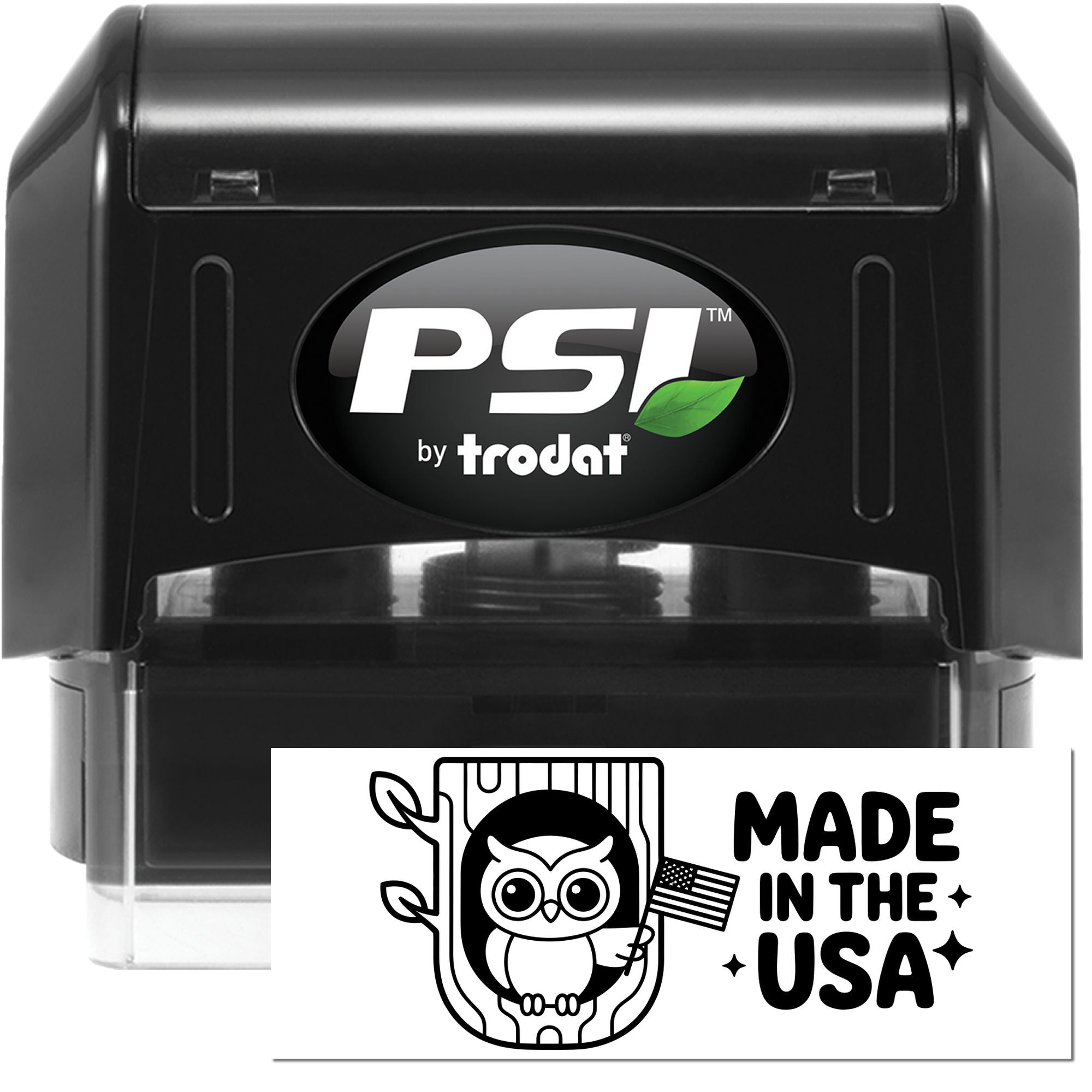 PSI by Trodat self-inking rubber stamp featuring a custom Made in the USA owl design for branding and product marking