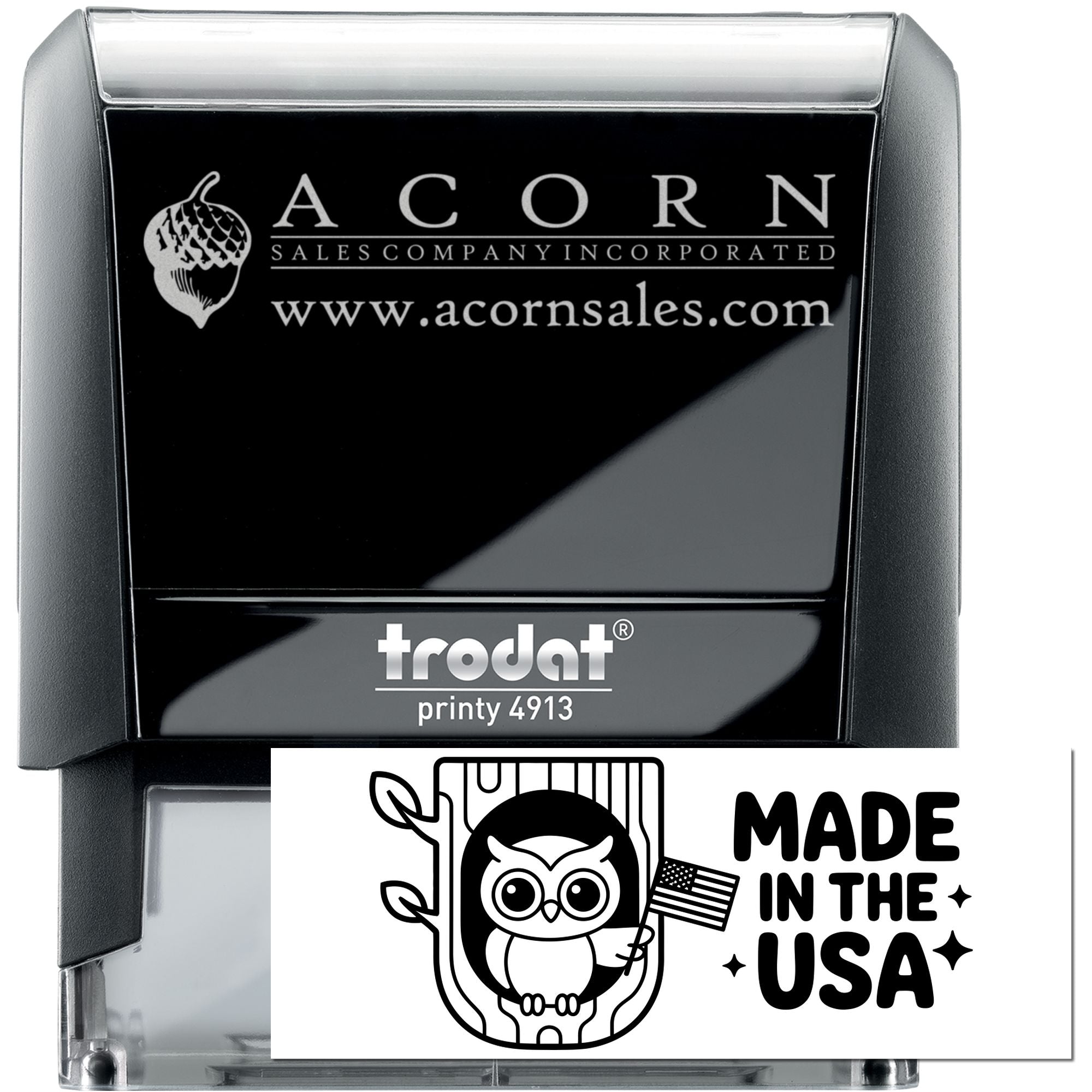 Custom rubber stamp with Acorn Sales Company logo and website on Trodat Printy 4913 self-inking stamp, made in USA.