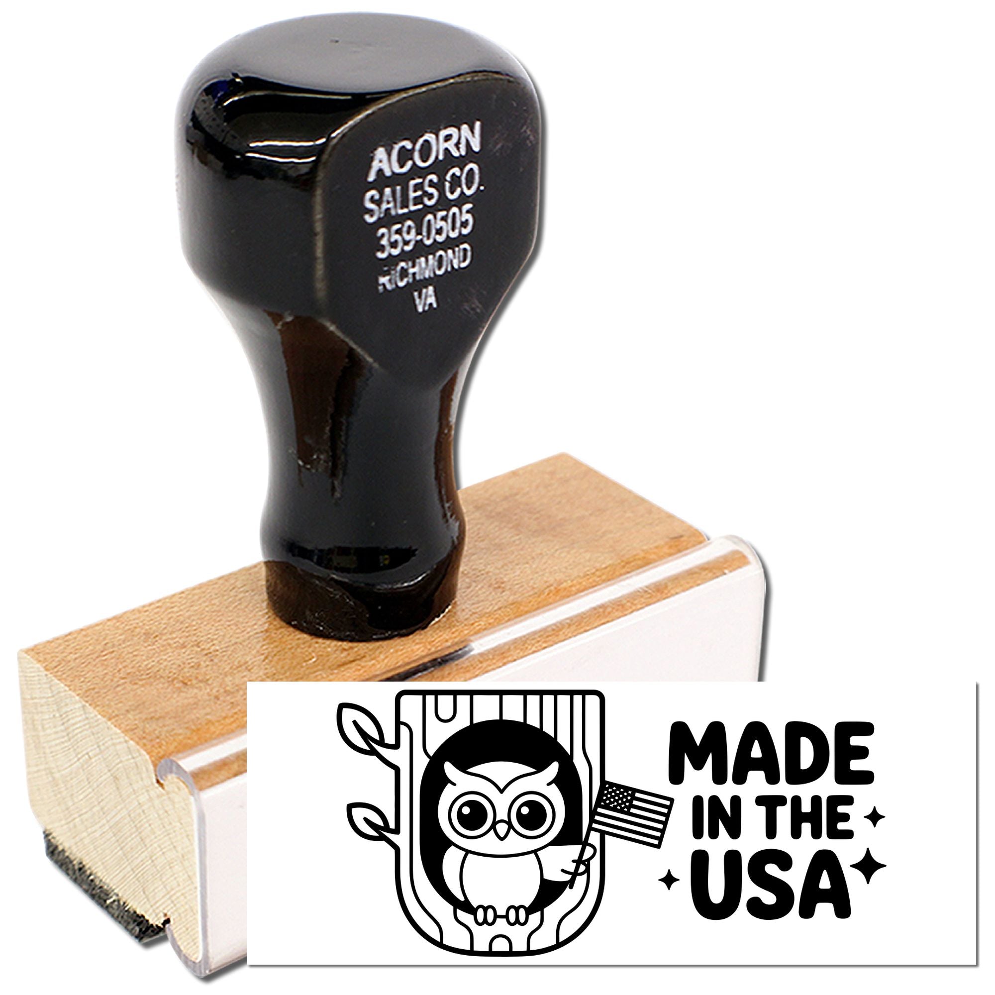 Custom logo rubber stamp for Made in the USA branding, ideal for wooden products, packaging, and handcrafted goods.