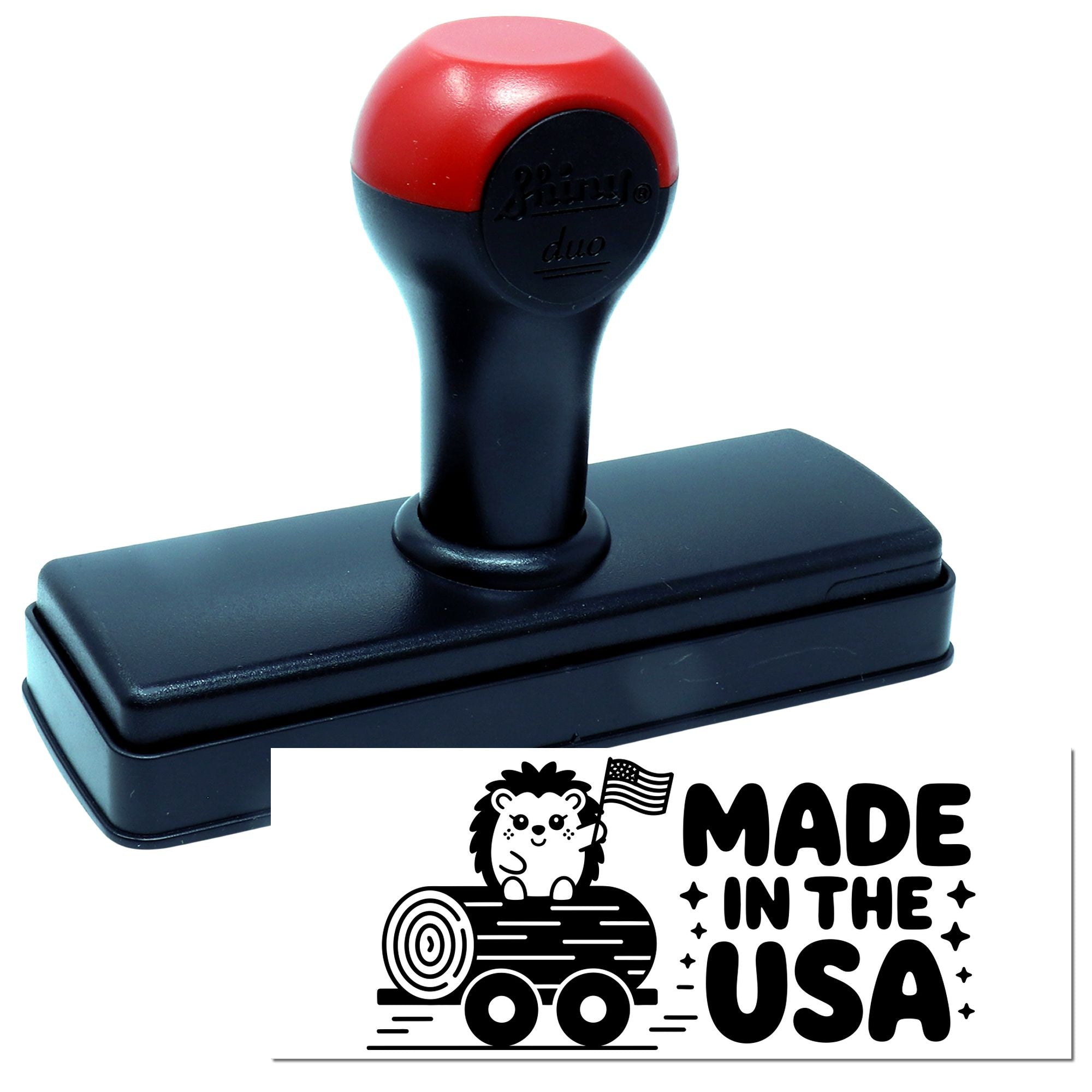 Custom Made in the USA self-inking rubber stamp with hedgehog design for handmade product packaging.