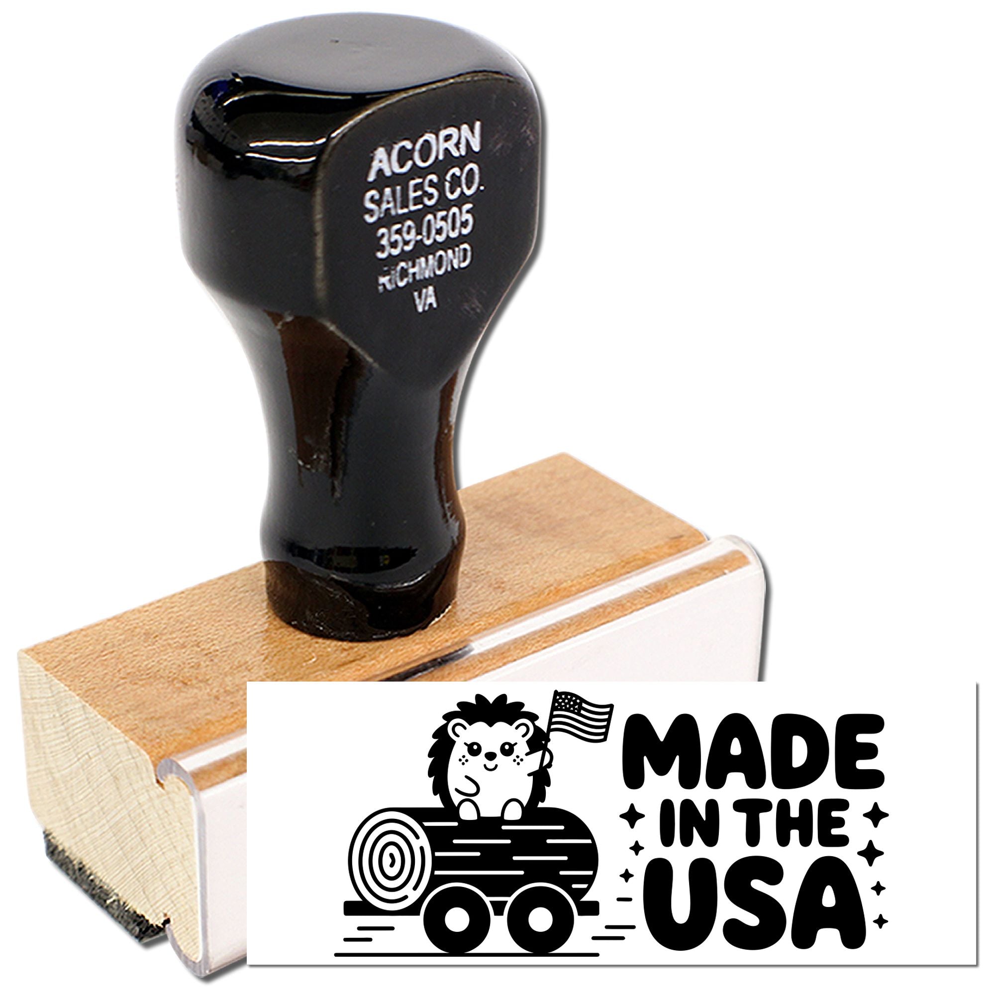 Made in the USA custom rubber stamp with hedgehog logo, wooden handle, and bold branding for packaging and crafts.