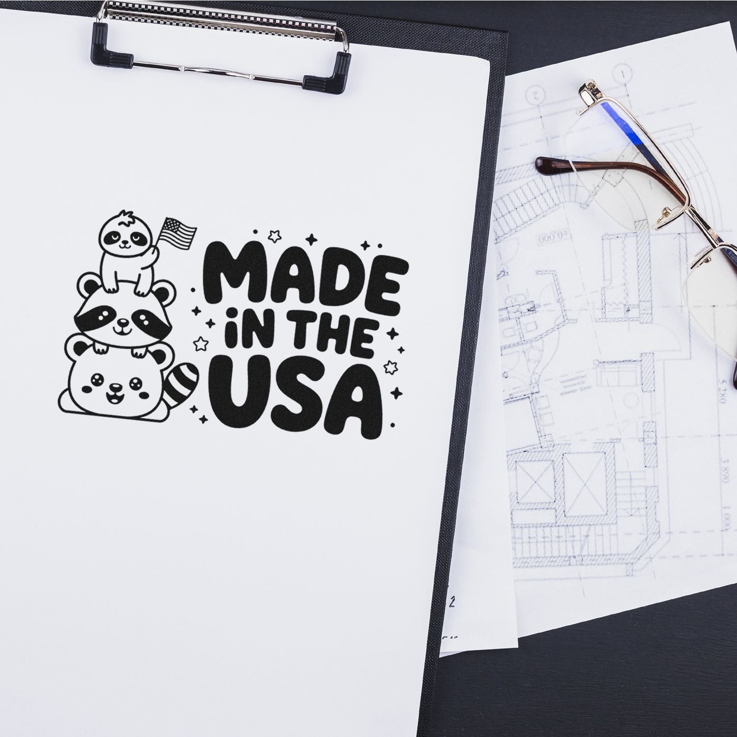 Made in the USA rubber stamp design with cute stacked animals, ideal for patriotic custom branding.