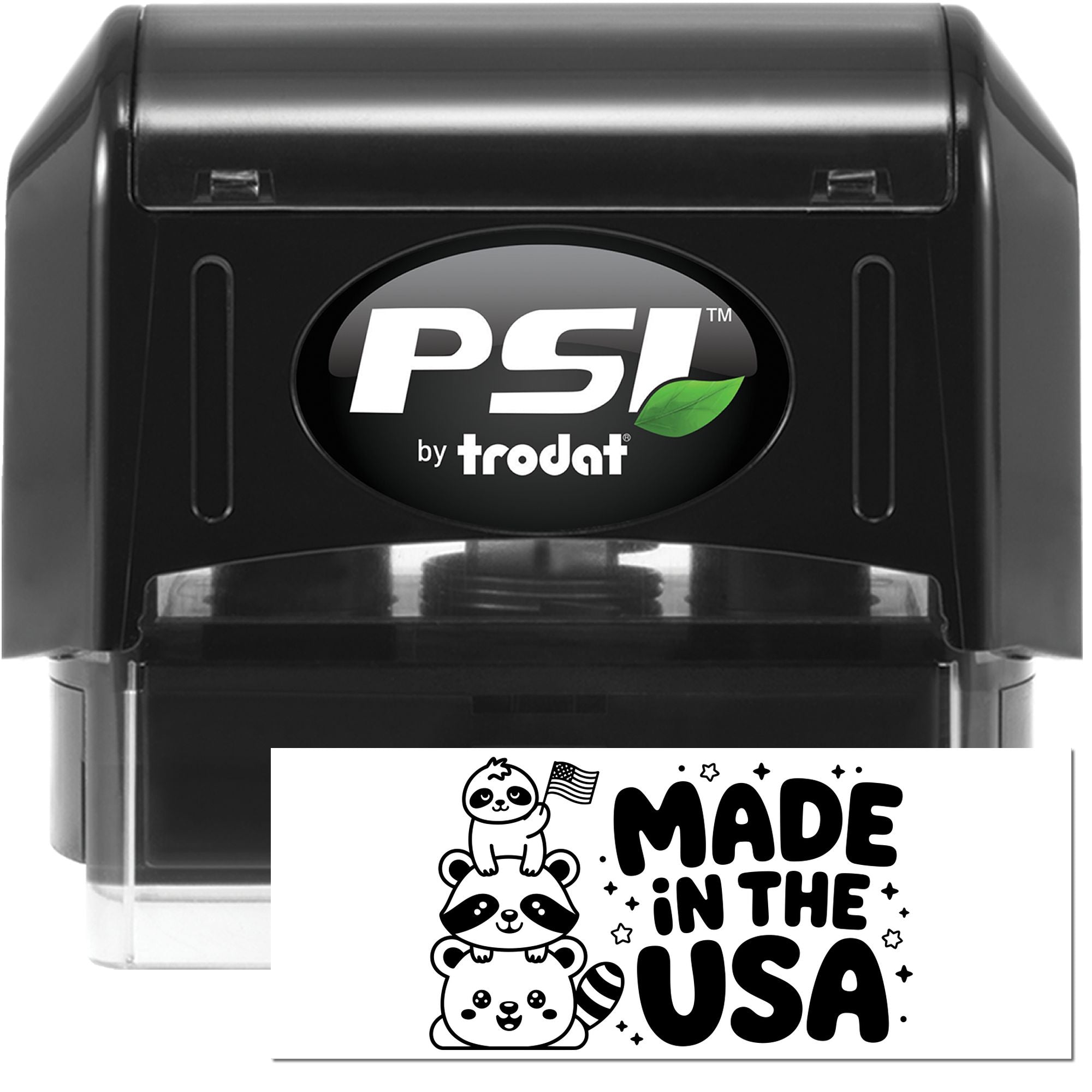 PSI by Trodat self-inking rubber stamp with Made in the USA imprint for custom branding and packaging