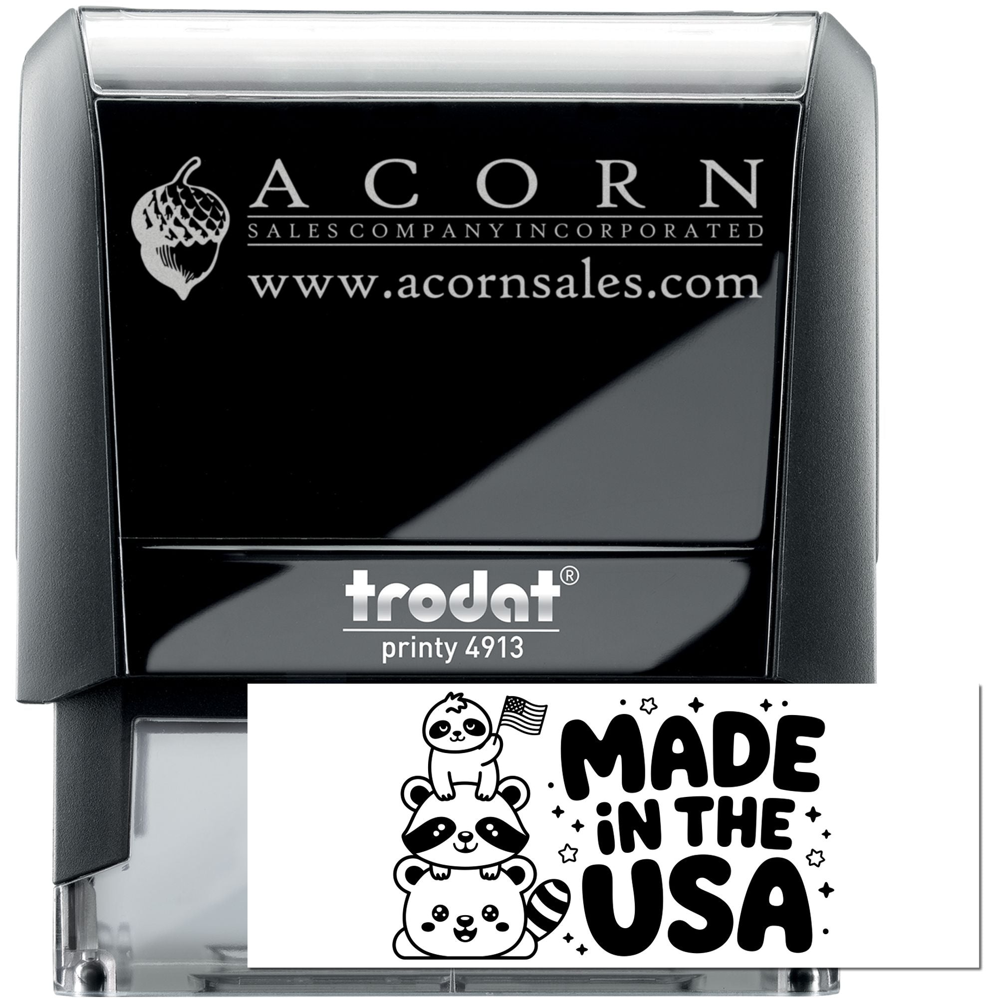 Custom Trodat Printy 4913 self-inking rubber stamp with Acorn Sales logo, website, and Made in the USA design.