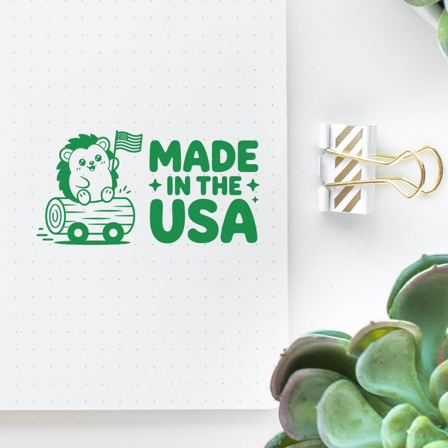 Made in the USA rubber stamp design with bear and log graphic for patriotic craft projects and handmade packaging.