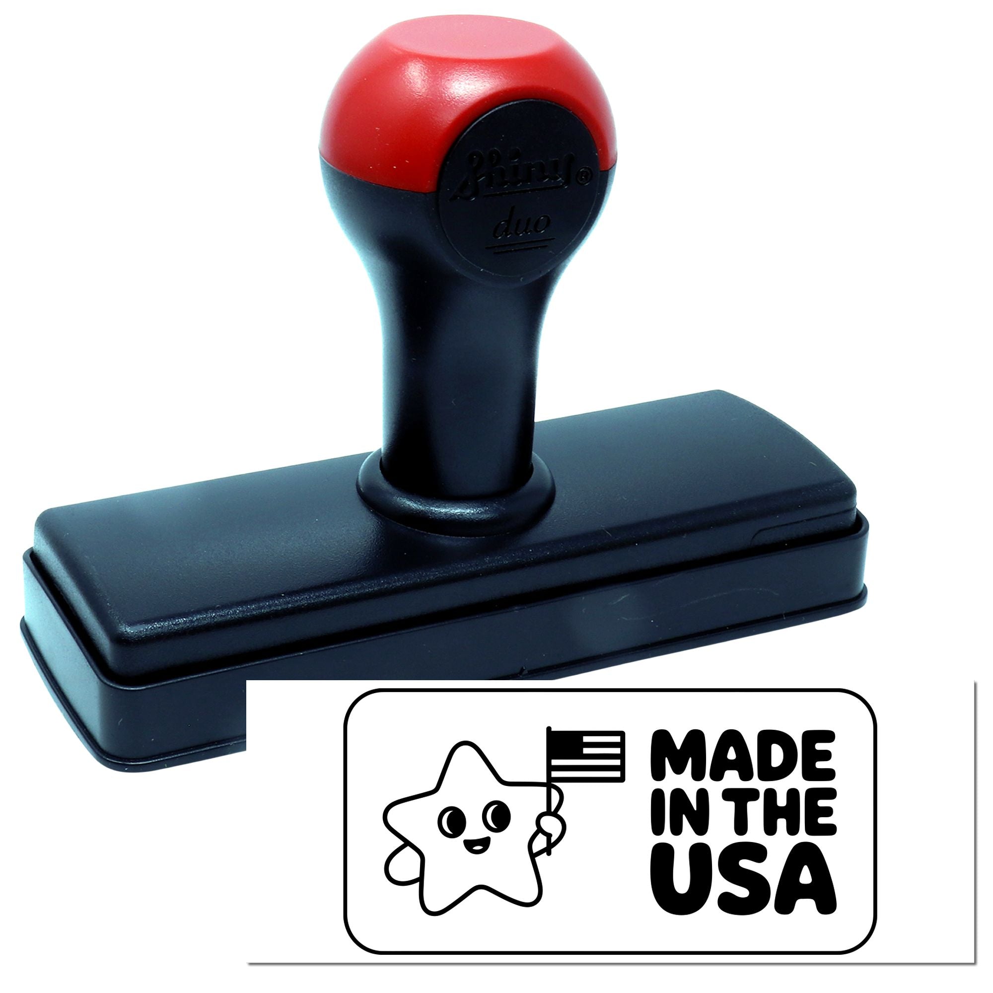 Self-inking rubber stamp with Made in the USA imprint, ideal for custom product labeling and business packaging.