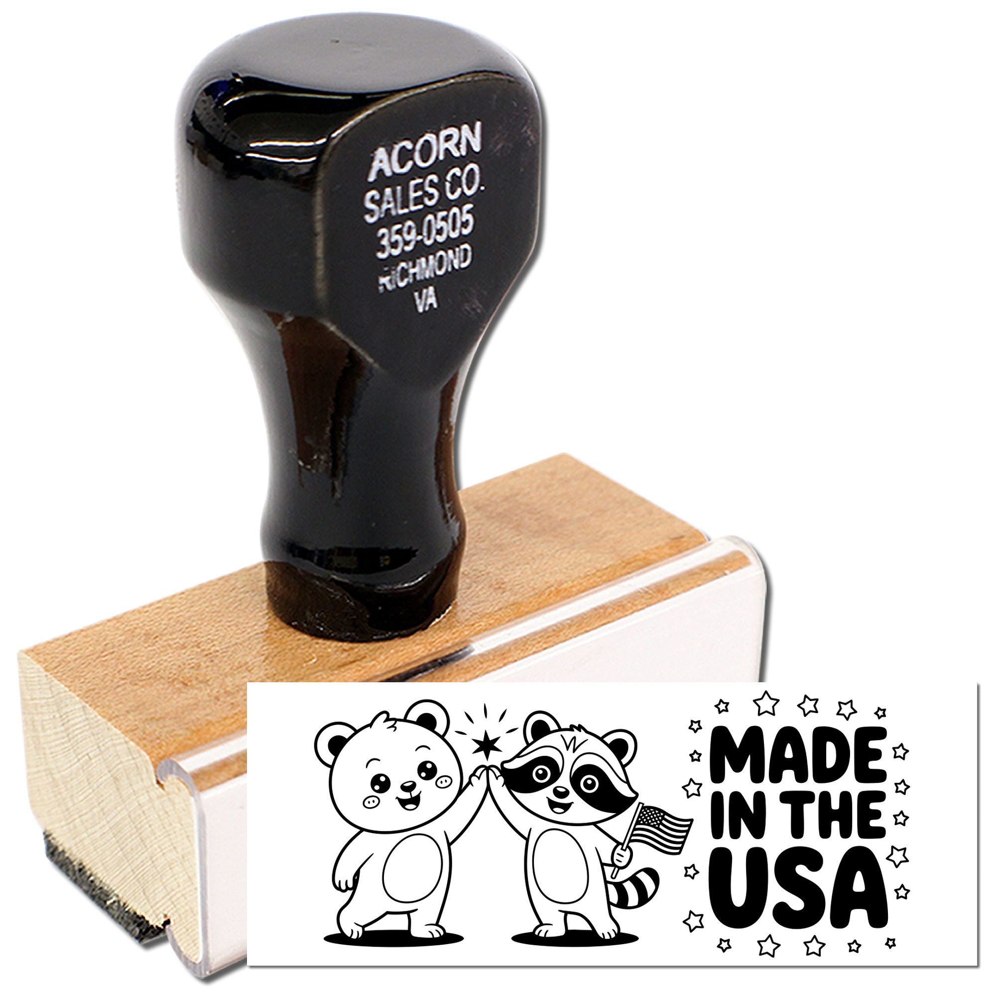 Custom wood rubber stamp with Made in the USA design for patriotic branding, packaging, and craft projects.