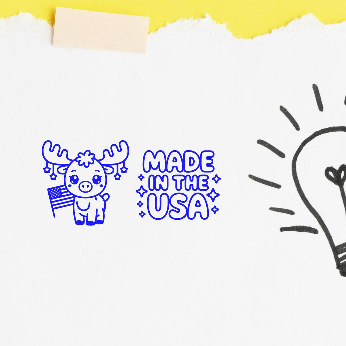 Made in the USA rubber stamp design with patriotic moose and American flag for packaging, crafts, and branding.