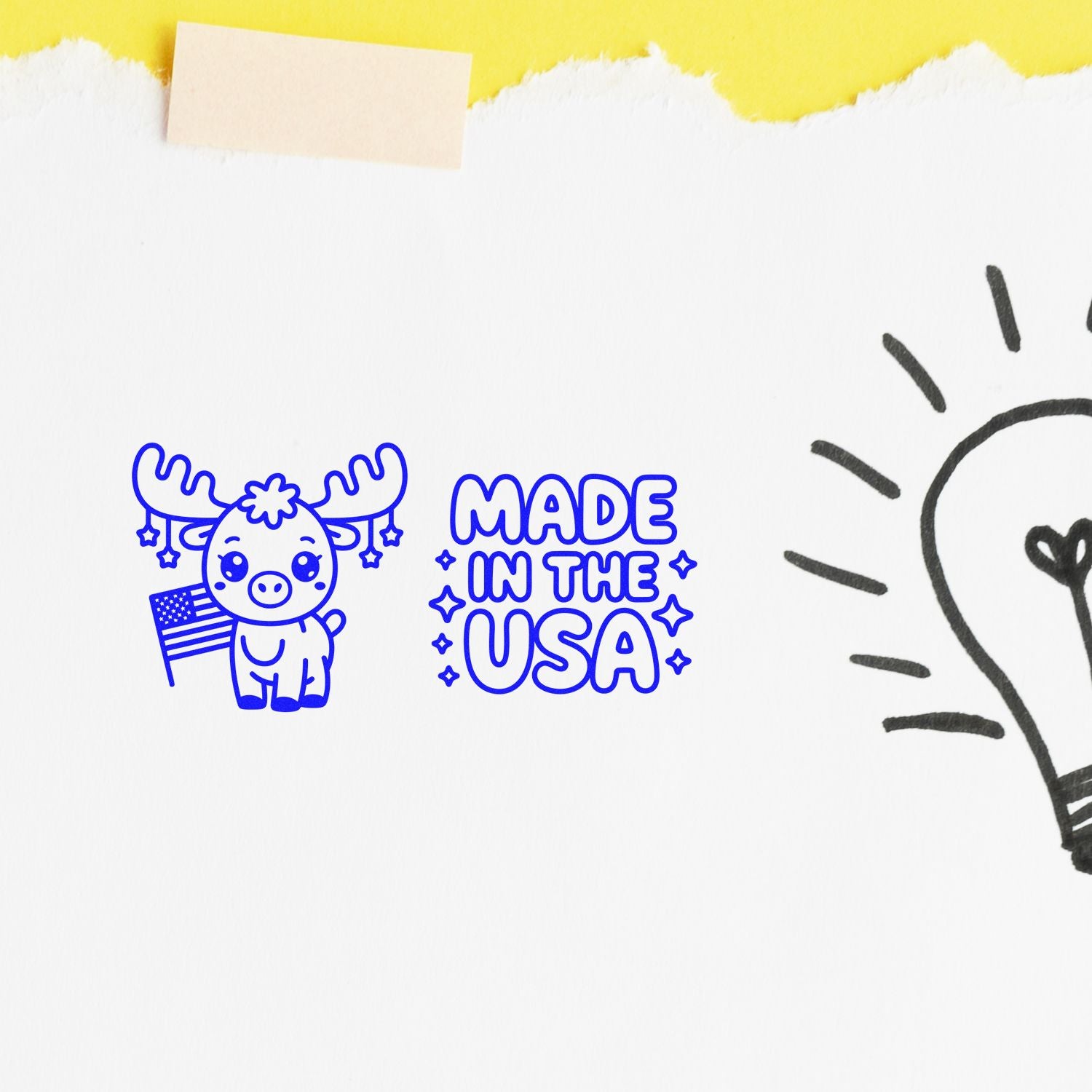 Made in the USA rubber stamp design with moose and American flag, ideal for patriotic product packaging and handmade branding.