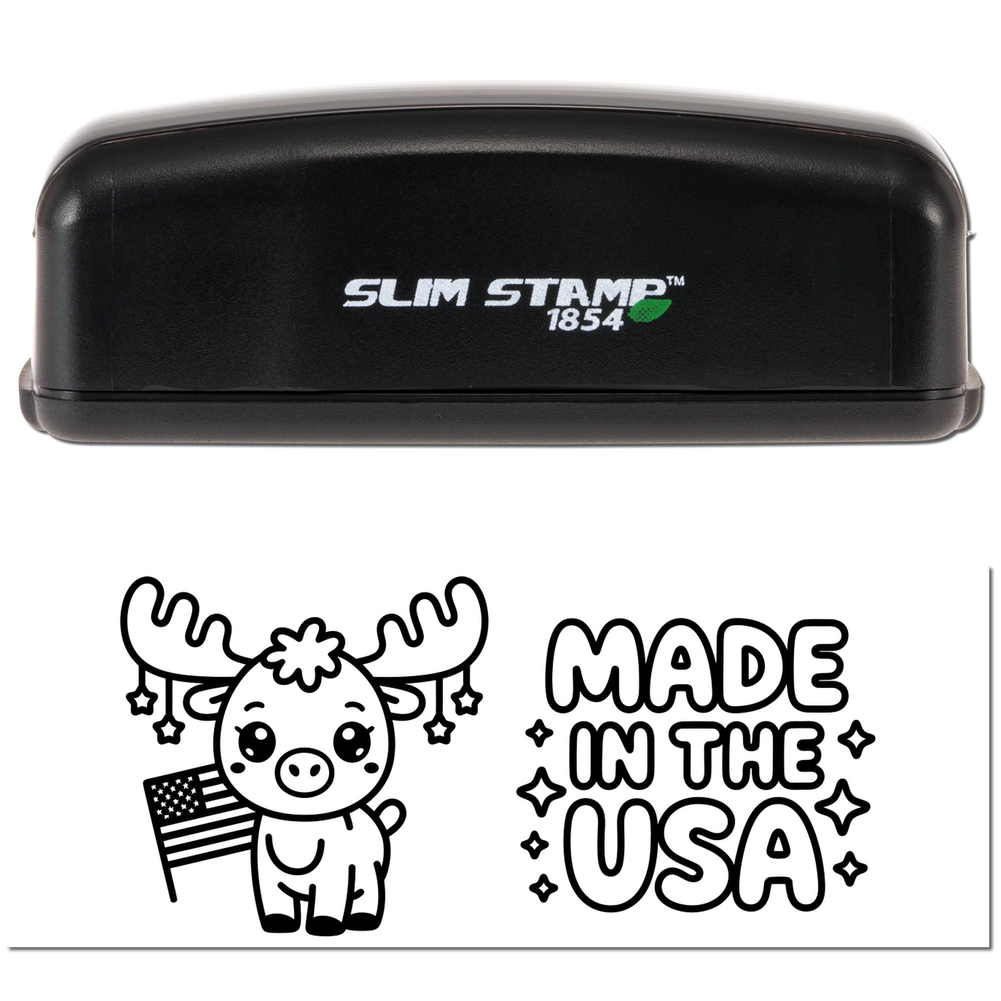 Slim Stamp 1854 rubber stamp with moose and Made in the USA design for patriotic crafts and packaging.