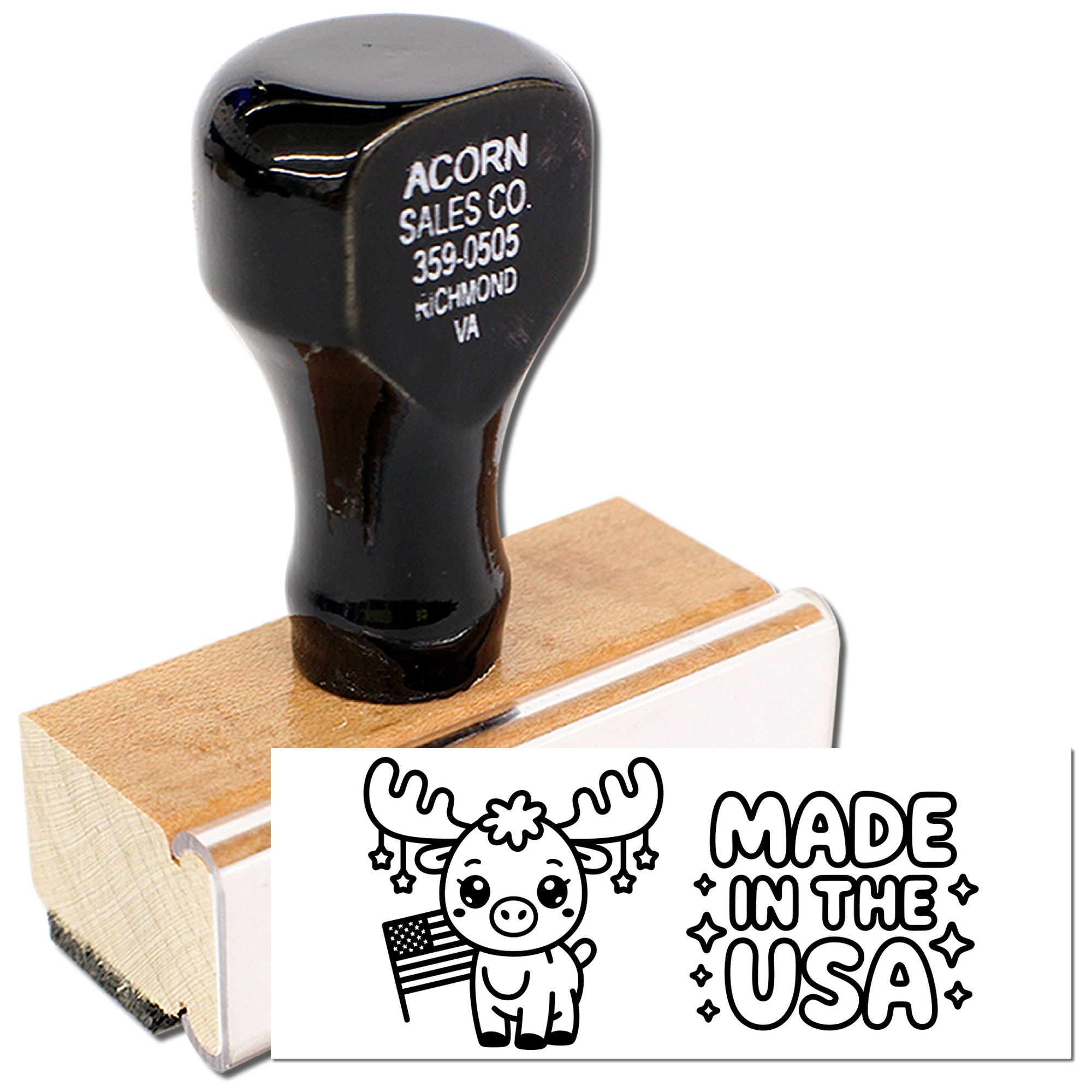 Custom wood handle rubber stamp for business branding with Acorn Sales Co. address and Made in the USA design.