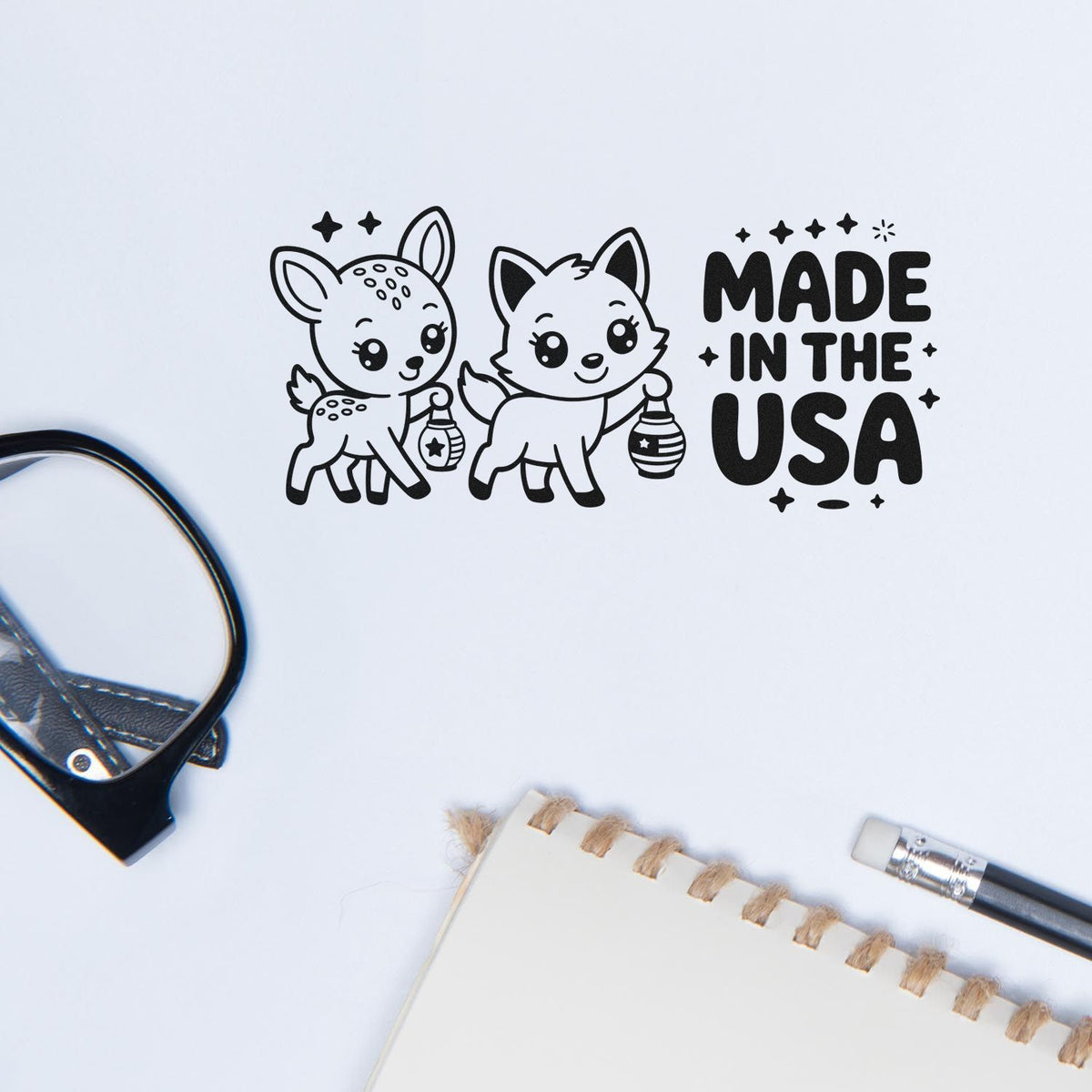 Made in the USA rubber stamp design featuring cute deer and fox, ideal for handmade packaging and patriotic crafts.