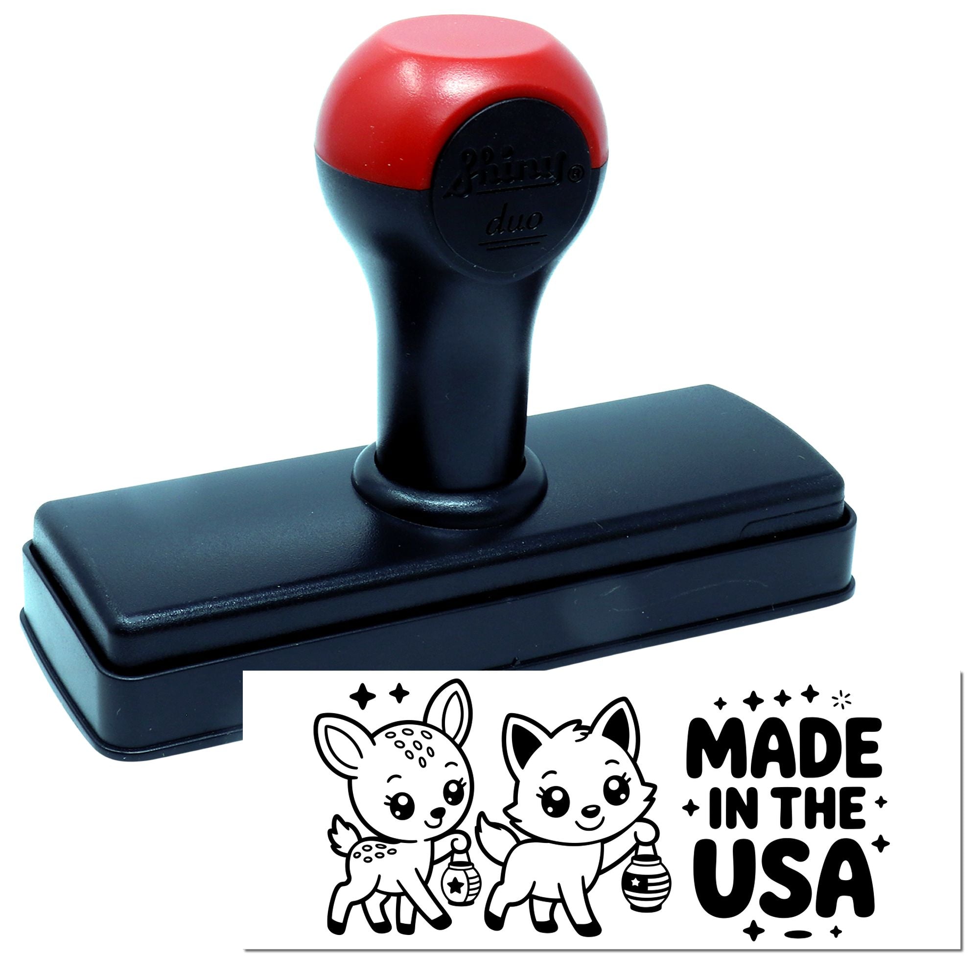 Self-inking rubber stamp with Made in the USA custom imprint and cute animal artwork.